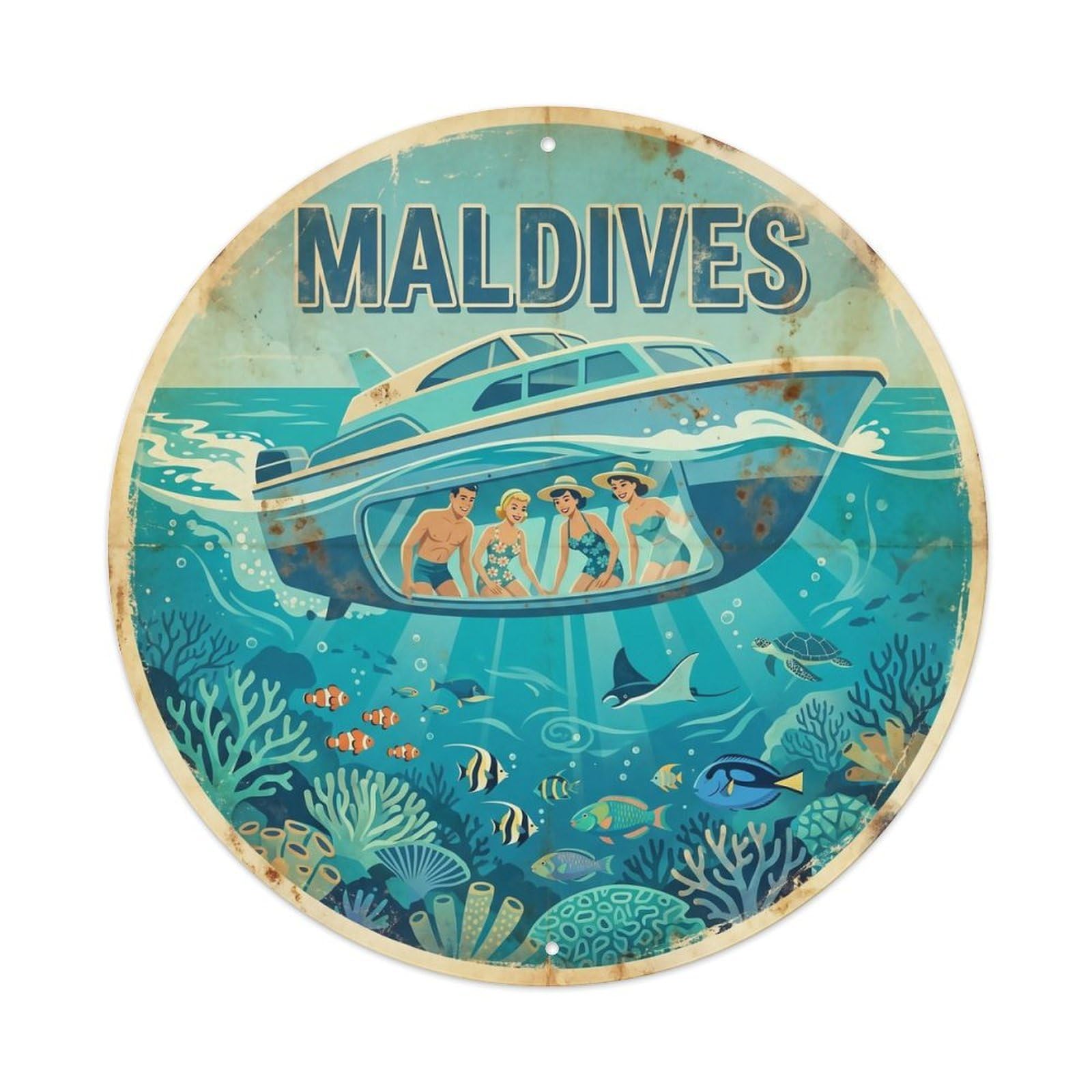 Odgynaw 8X8inch(20X20cm) Maldives Glass Bottom Boat Travel Water Adventure Metal Tin Sign
