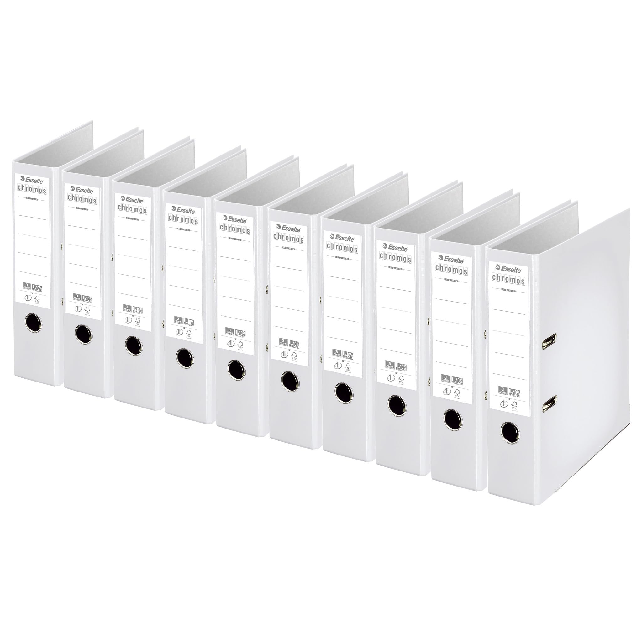 Esselte, Classeurs à levier A4 Chromos, Blanc, Dos de 80 mm, Plastique, Lot de 10, 230109