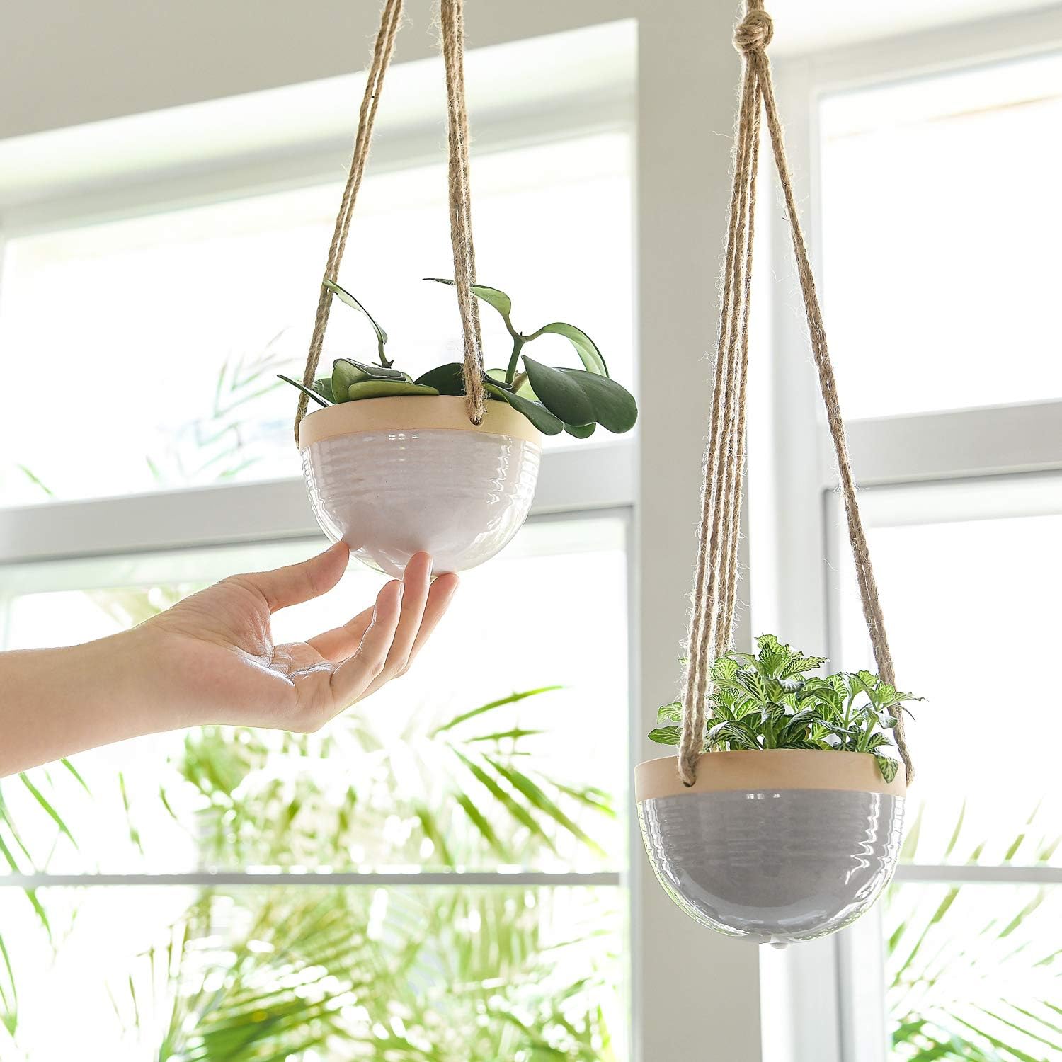 Mkono 4.5 Inch Ceramic Hanging Planter Set of 3 Colorful Flower Plant Pots Round Plant Holder with Jute Rope Hanger for Indoor Succulent Herbs Ivy Ferns Crawling Plants, Blue, White and Gray : Patio, Lawn & Garden