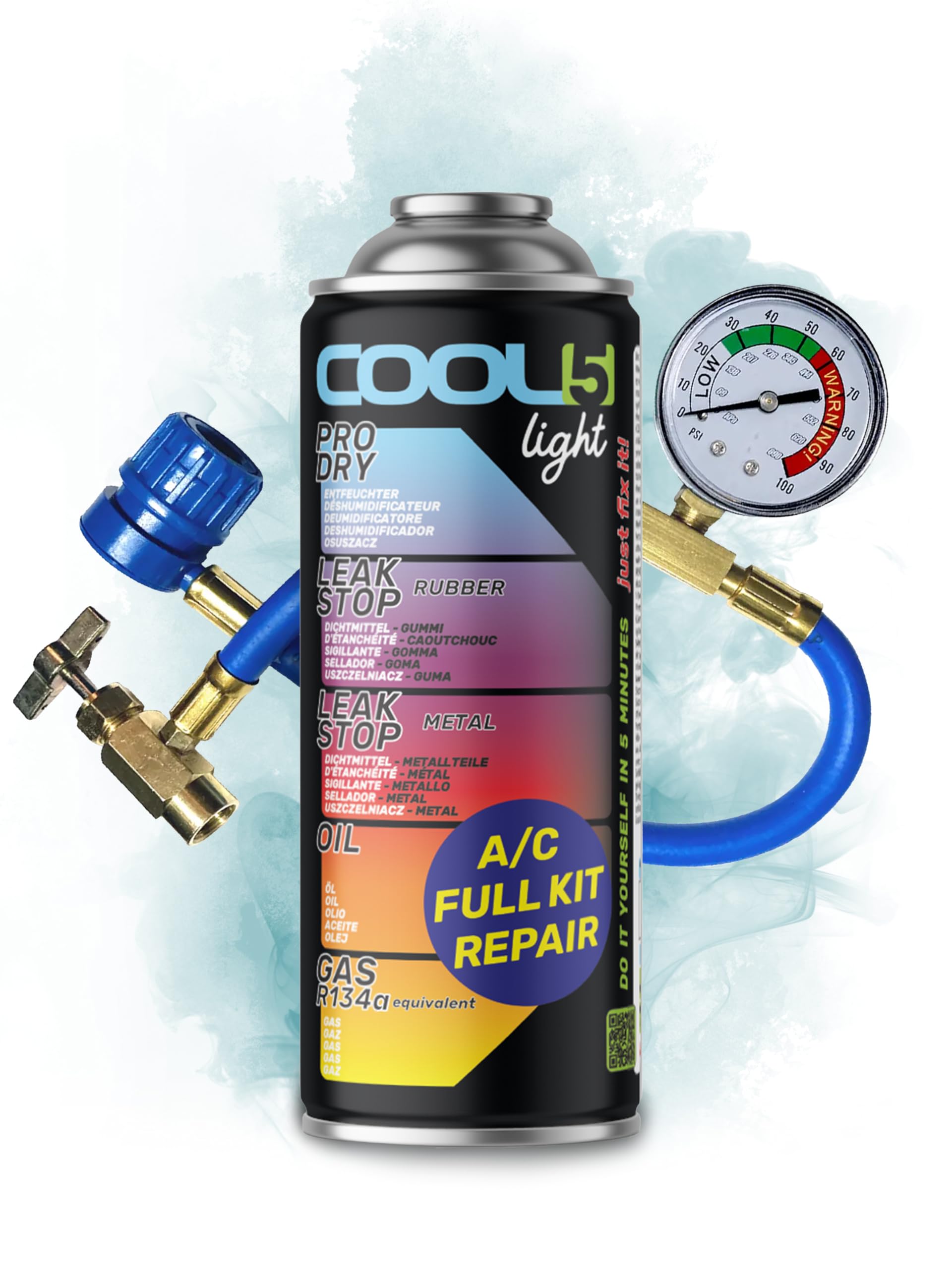 LIGHT Ersatzkältemittel r134a für Autoklimaanlagen – 1 Dose 5in1, 235g + Druckleitung mit Manometer