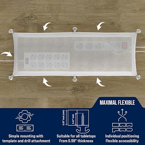 Miniatura 3 de Red de gestión de cables - Gestión de cables debajo del escritorio - Bandeja flexible para organizar cables debajo del escritorio, color blanco
