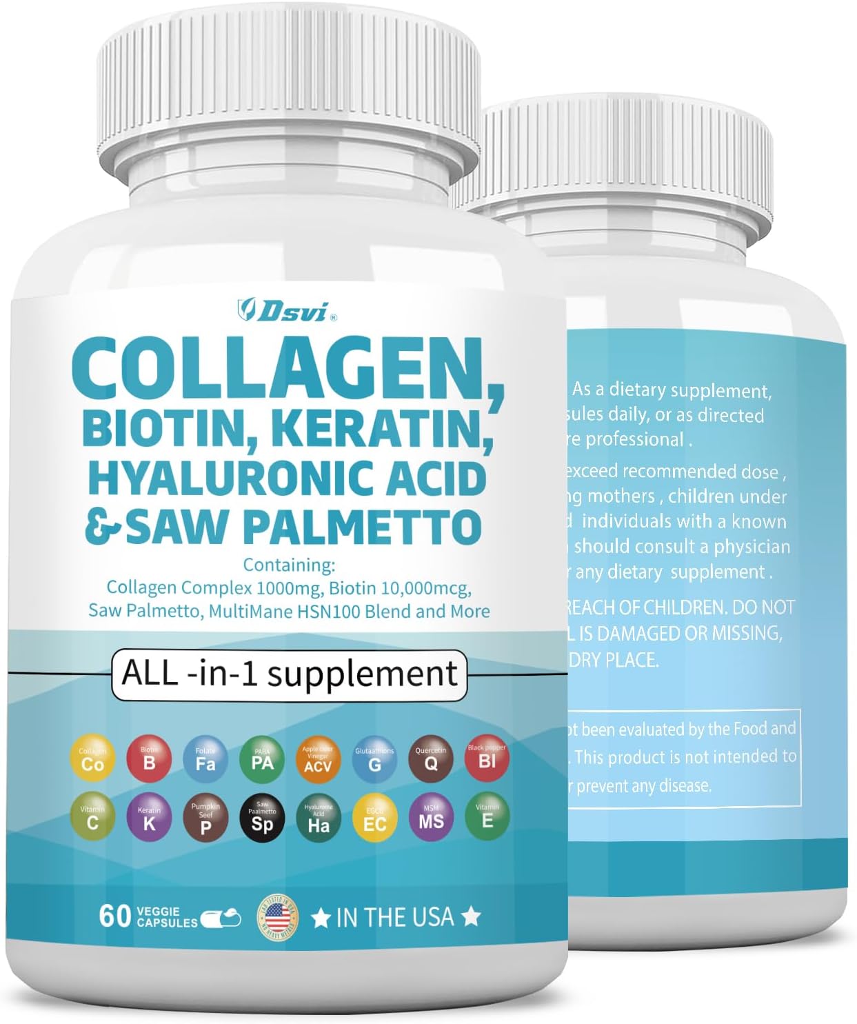 Collagen Pills 1000mg Biotin 10000mcg Keratin Saw Palmetto 2500mg Hyaluronic Acid - Hair Skin