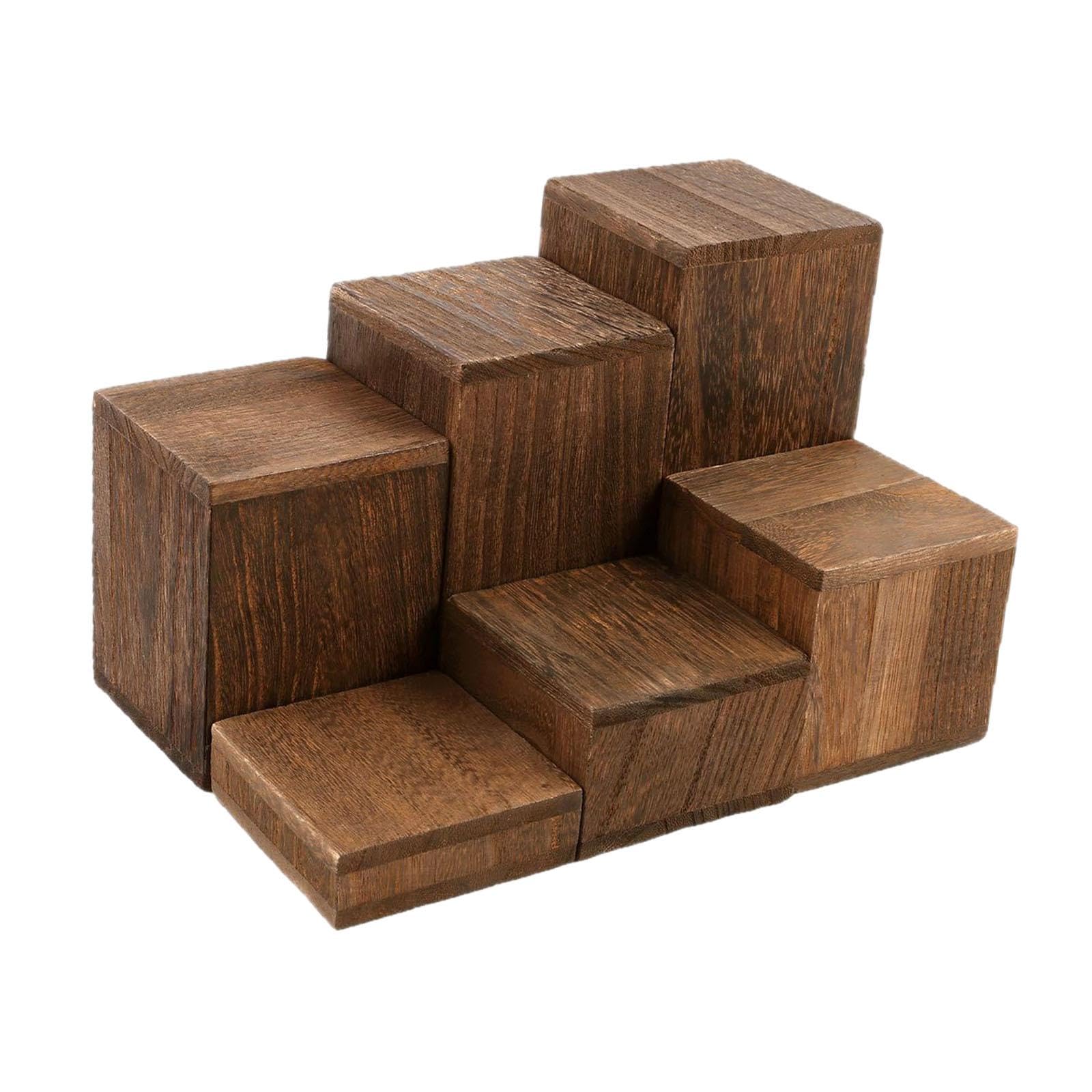 Qianly Lot 6 Présentoirs Cubiques en Bois Massif, Supports Carrés Polyvalents pour Figurines, Bijoux, Cupcakes, Étagères Exposition Étagées pour Comptoir, Vitrine, Maison, Brun