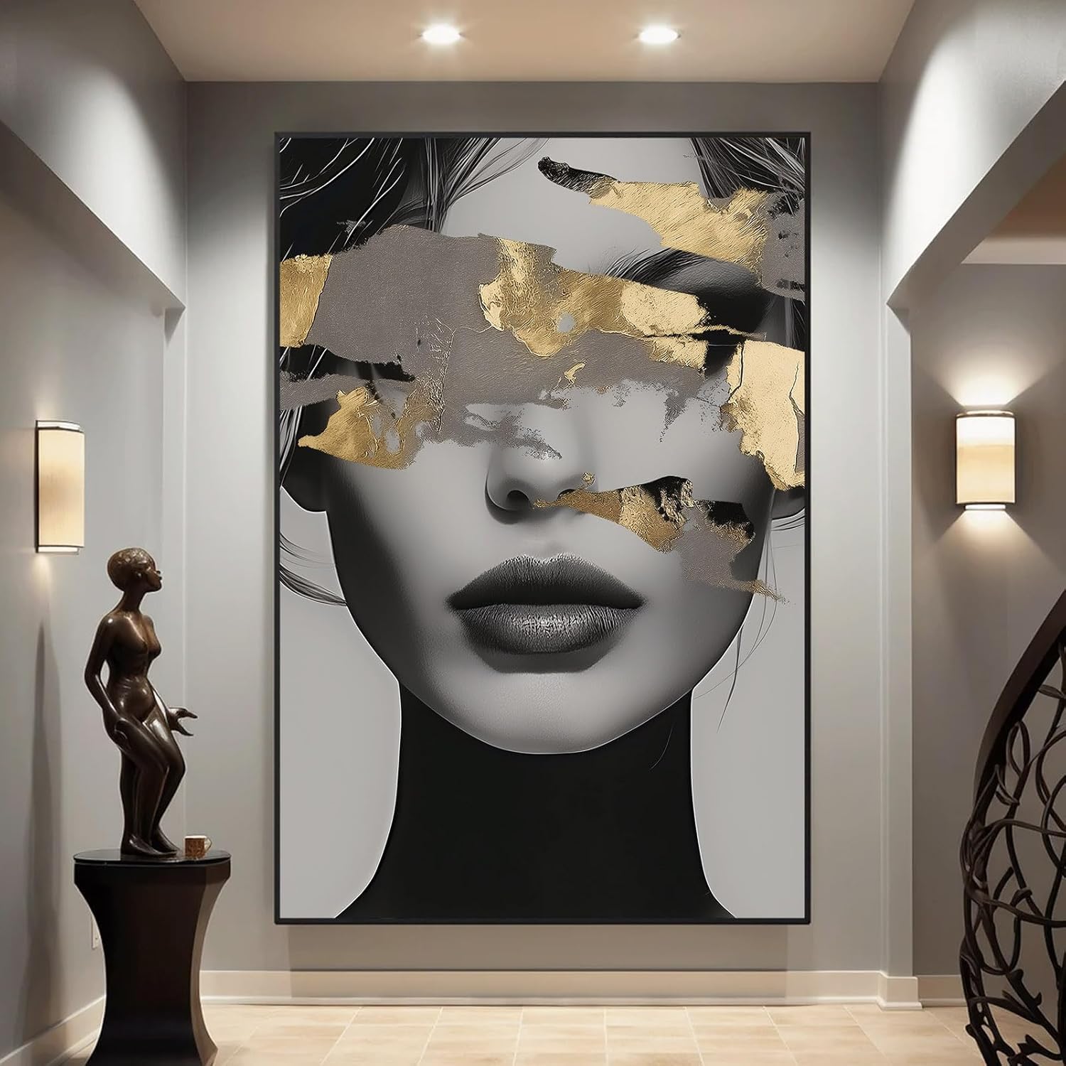 Lianyibo Women's Frameless Abstract Face Wall Art Black And Gold Abstract Painting Portrait Wall Art Black And White Posters Decor(70X110 Cm/Frameless)