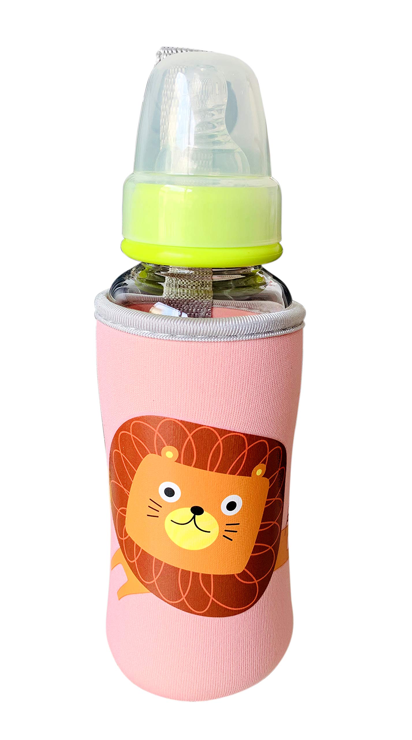 THE LITTLE LOOKERS Cute Animated Patterned Soft Stretchable Baby Feeding Bottle Cover with Easy to Hold Strap for 120ml, 150ml, 240ml (Lion & Sheep, Pack of 2) 1
