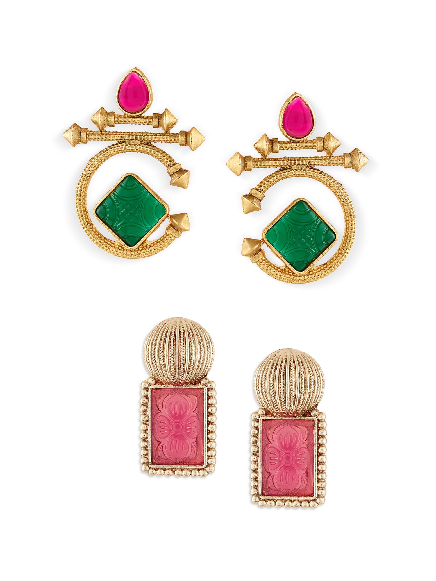 Combo of 2 Green Pink Stones Embellished Stud & Drop Earrings For Women-ZPFK21355-image-13