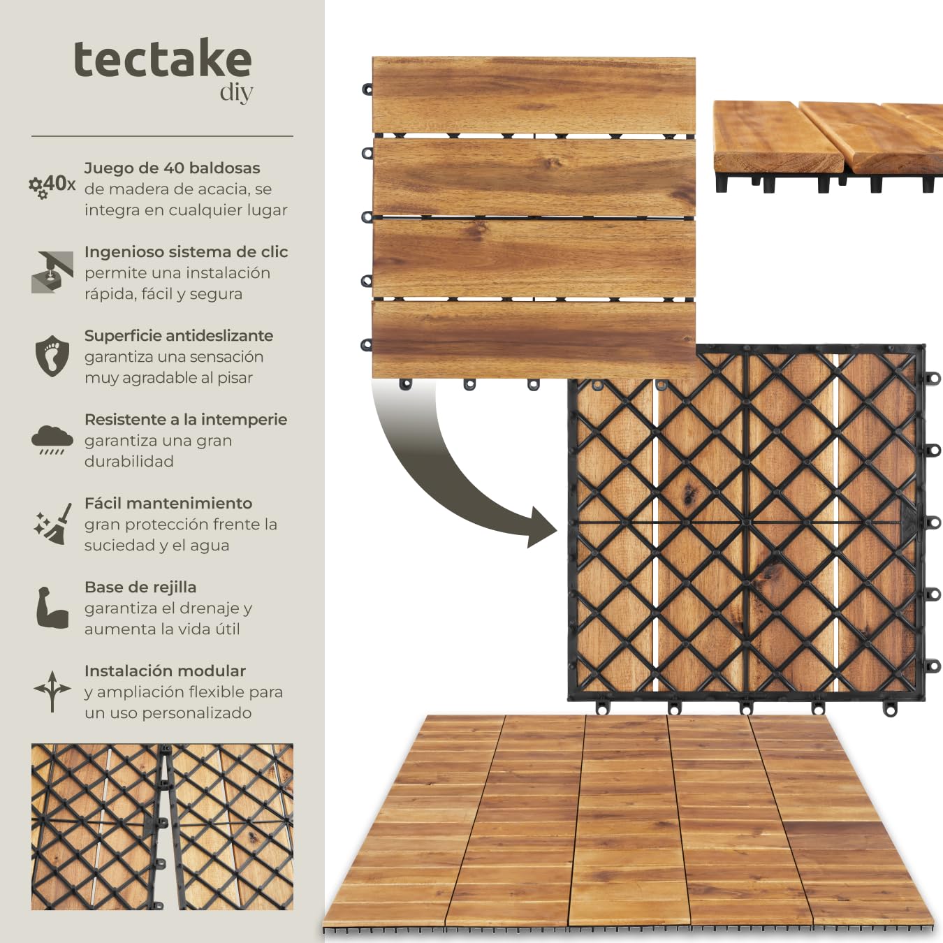 tectake® Set 40x Baldosas Jardín Exterior con 4 Tablones Madera de Acacia, 31 x 31 cm, Suelo Jardín con Base de Rejilla y Drenaje, Montaje Sistema Clic, Área 1,922 m2- Madera