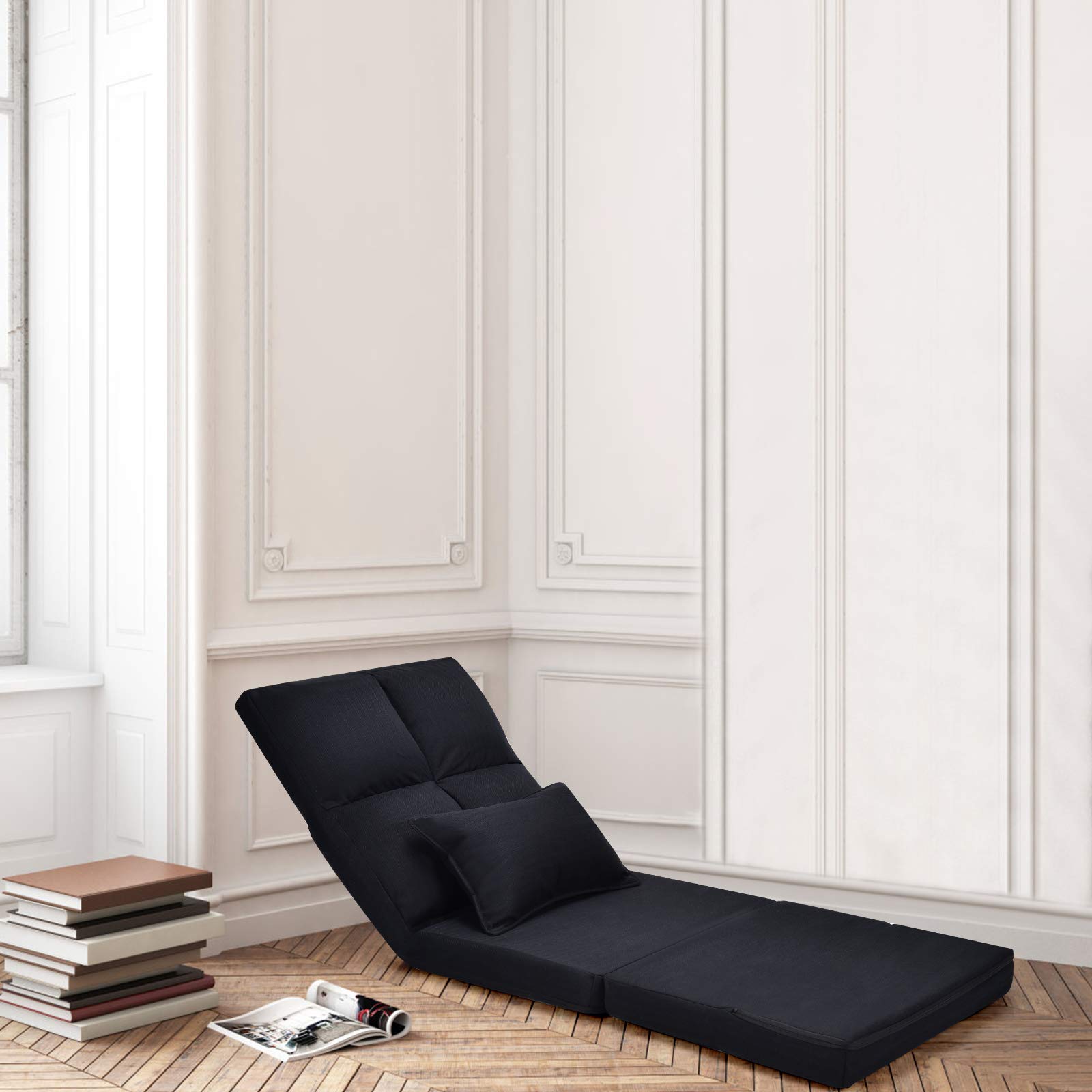 COSTWAY Chauffeuse 1 Place Adulte，Fauteuil Relax de Sol avec Oreiller, Chaise de Sol Pliable avec Dossier Réglable sur 5 Niveaux, Canapé Paresseux pour Lecture, Méditation, Charge 100KG (Noir)