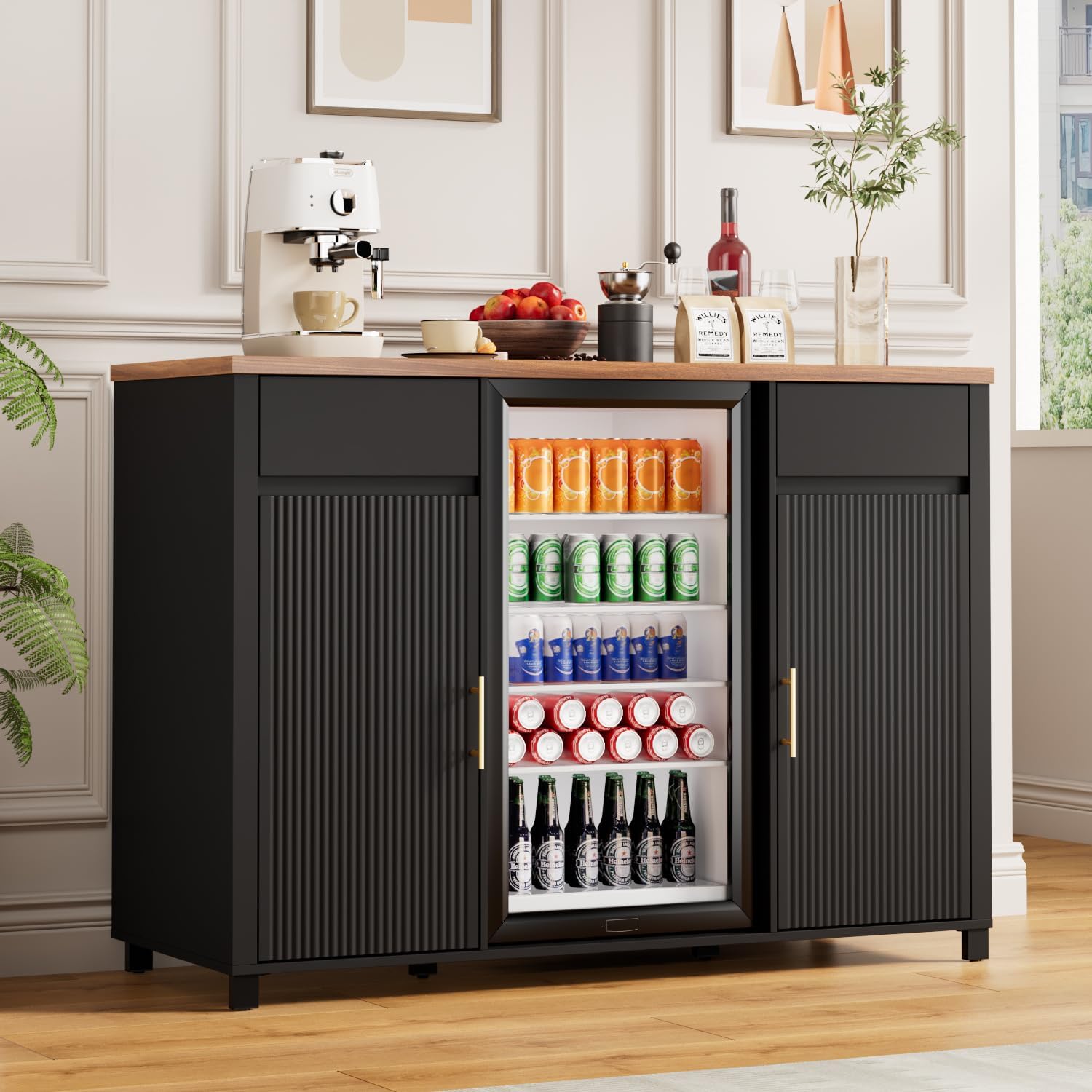 53" Large Coffee Bar Cabinet with Fridge Space,Mini Fridge Cabinet with Storage,Power Outlet & USB Charging,Liquor Wine Cabinet Bar with Adjustable Shelf for Home,Kitchen,Dining Room