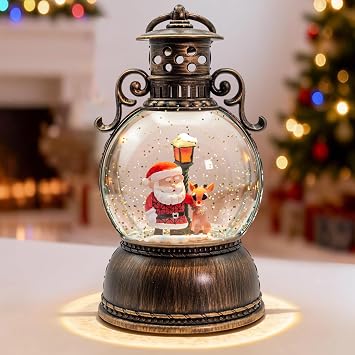 9.4" Vintage Christmas Snow Globe Lantern with Santa & Deer, Lighted Musical Snow Globe, Swirling Glitter, USB or Battery Powered, 6H Timer, Christmas Home Decor