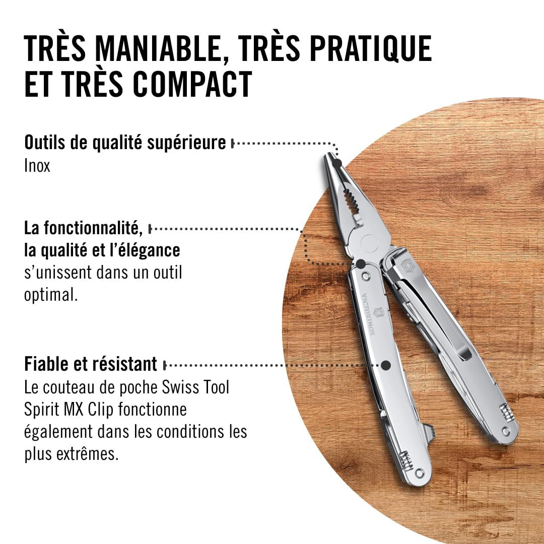VICTORINOX Couteau Suisse Swiss Tool Spirit MX Clip, 24 Fonctions, Outil Multifonction, y c. Pince, Tournevis, Ouvre-Boîtes, Argent