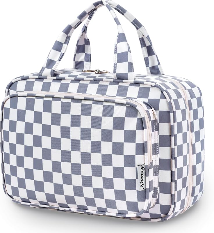 Necessaire de viagem Narwey grande com gancho, organizador suspenso para cosméticos, estampa xadrez B-Grayish Blue Checkerboard