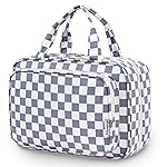 Narwey Travel Toiletry Bag for Women Large Hanging Makeup Bag Organizer Toiletries Bag for Full Size Essentials Accessories Cosmetics (Grayish Blue Checkerboard (Large))