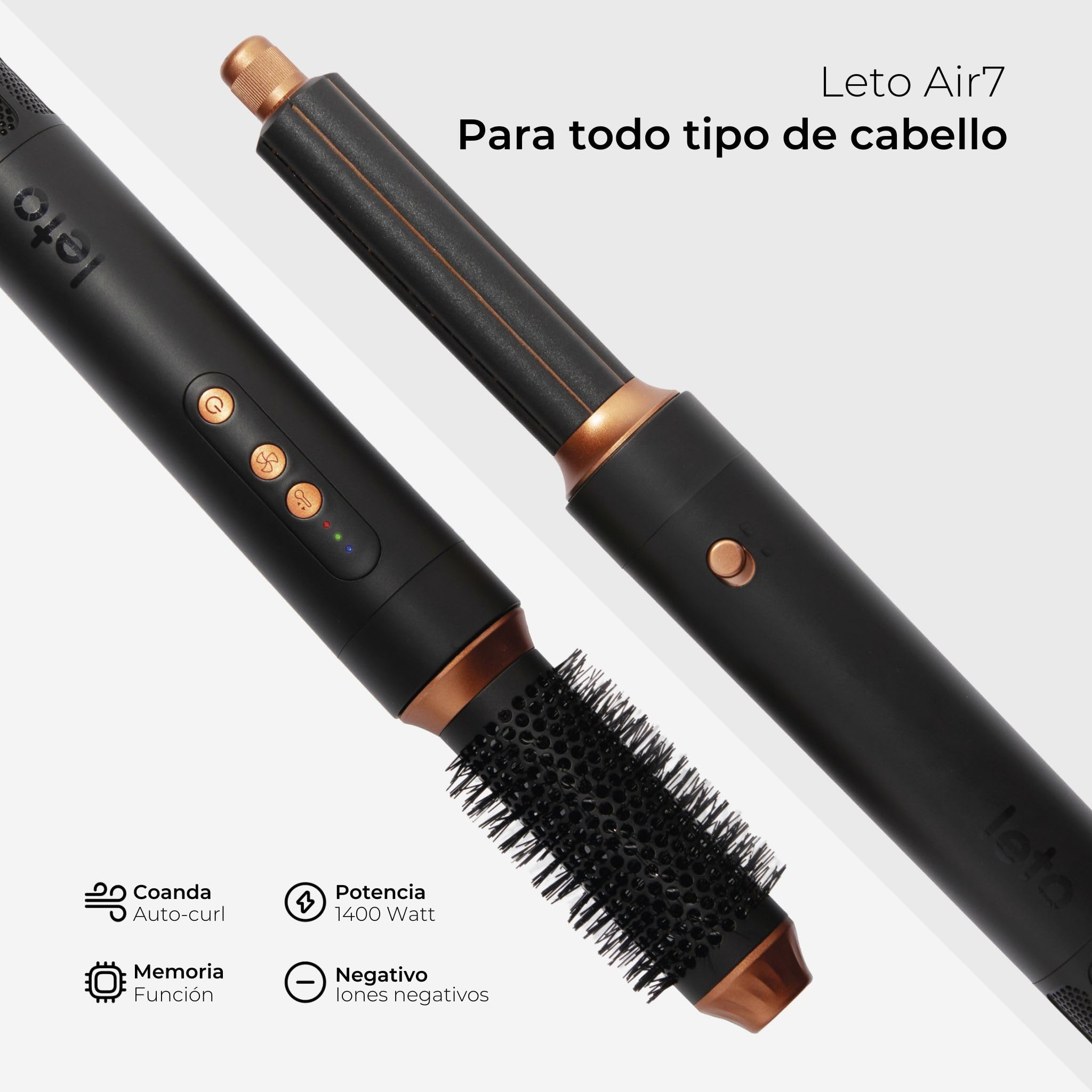 Leto 7en1 Cepillo de aire caliente y secador – cepillo redondo, rizador, ondulador, alisador, difusor, concentrador, Coanda, iones, 1400W BLDC