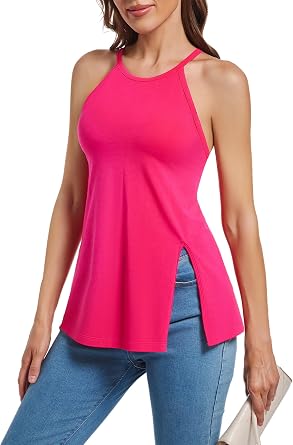 TAIPOVE Summer Halter Tops for Women Pima Cotton High Neck Tank Side Split Sleeveless Going Out Cute Camisole Trendy Outfits
