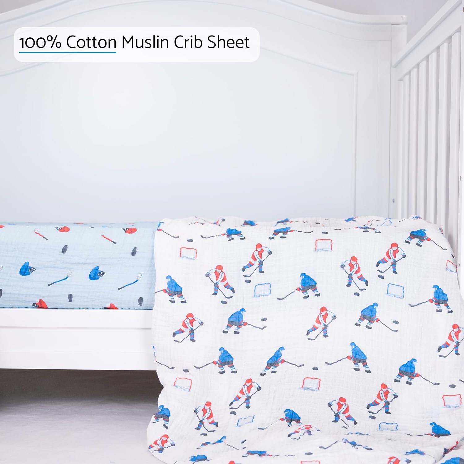 LollyBanks Muslin Crib Sheet for Boys 1 Pack, 100% Cotton Soft and Breathable Crib Fitted Sheet for Standard 52″x28″ Mattress, Cozy and Snug Baby Bed Sheets, Baby Essentials (Ice Hockey Print)