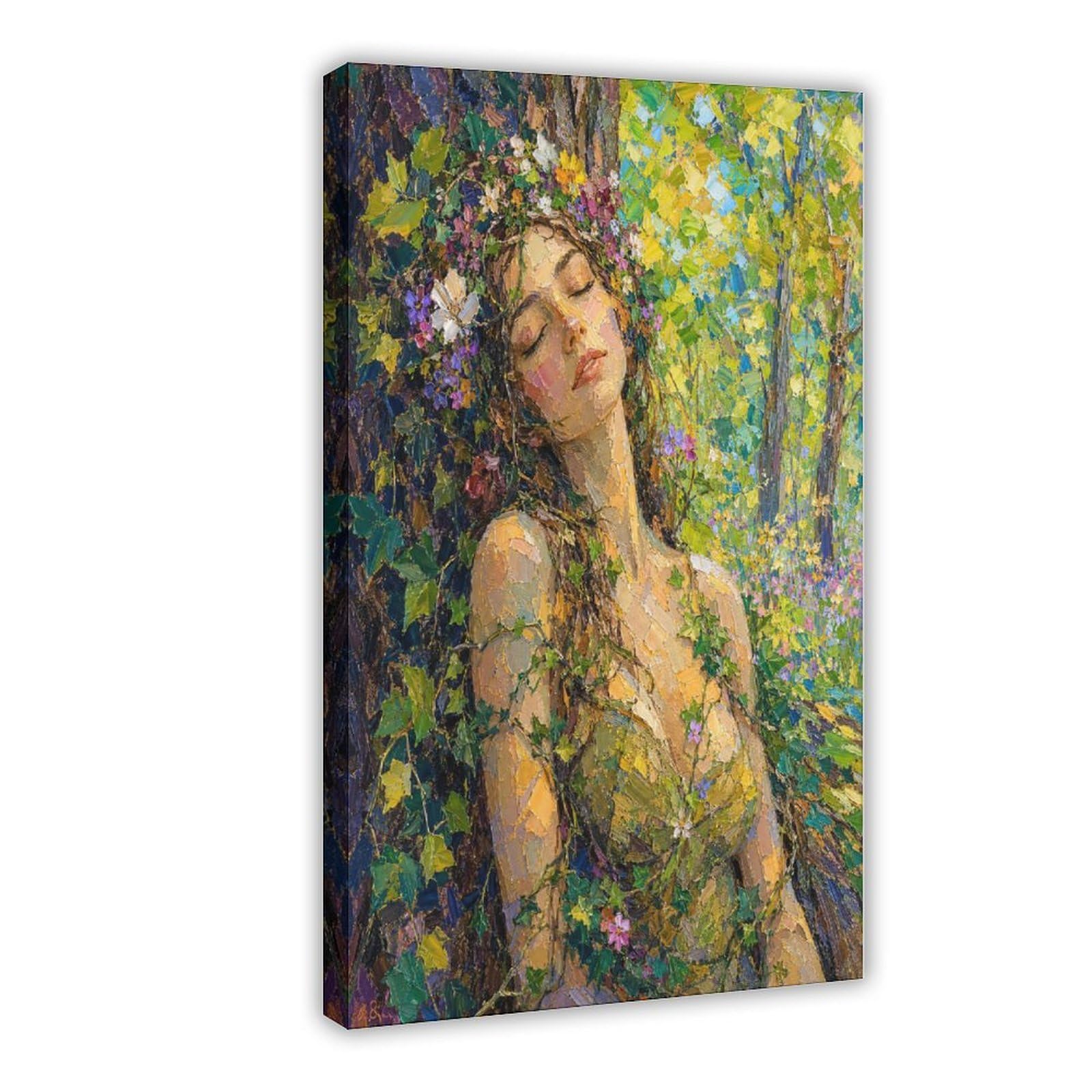 H3b8u2y5 Frame-Style-13 Forest Nymph With Flowers Canvas Wall Art, Fantasy Illustration