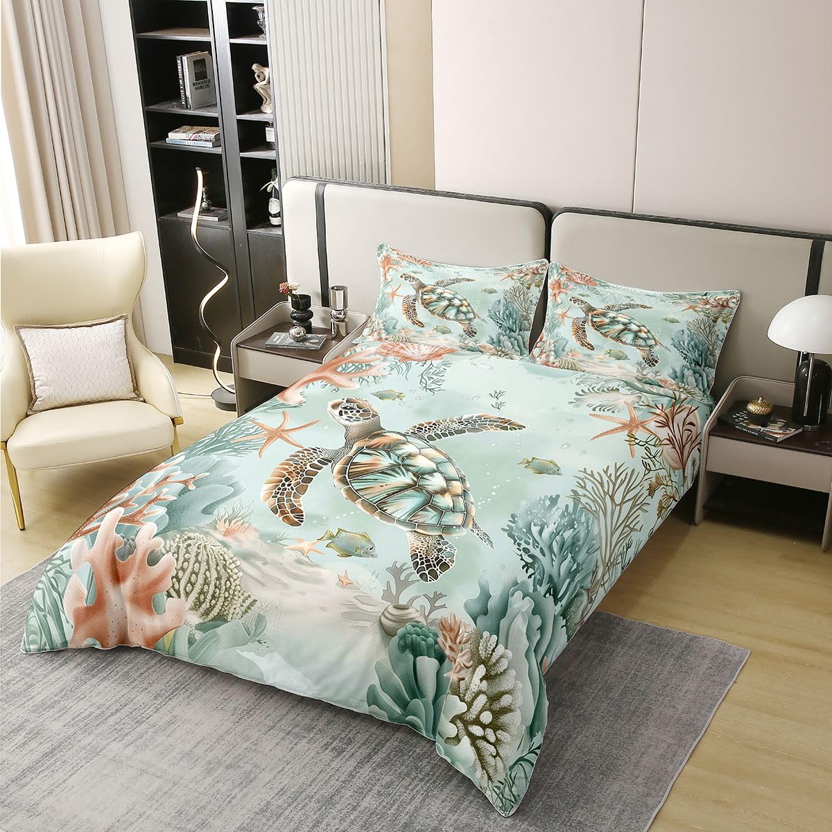 Homewish Ozean Reptil Schildkröte Bettwäsche Baumwolle Meer Schildkröte Muster Bettbezug 135x200 Fisch Marine Thema Bettwäsche Set Kinder Jungen Mädchen Unterwasser Tiere Kreaturen Bettset Zimmerdekor