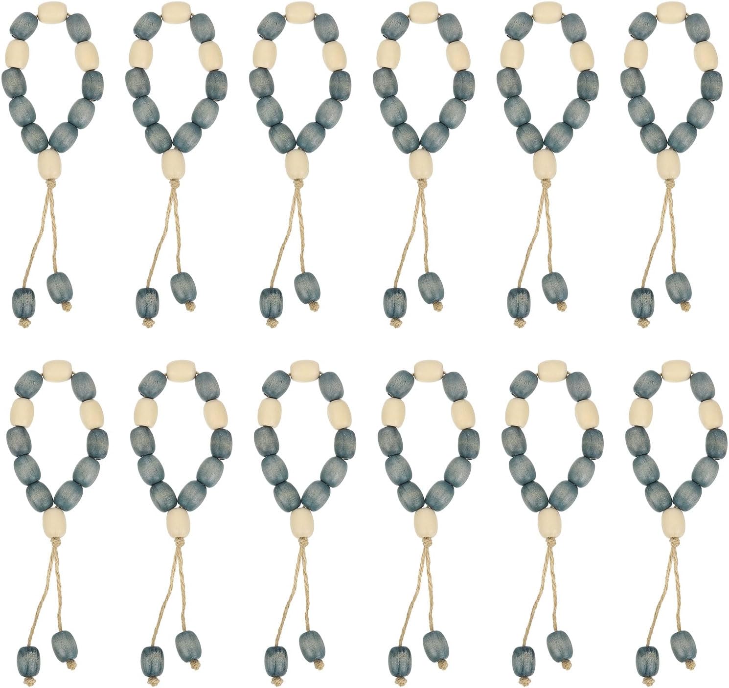 uxcell 12 Pcs Wooden Bead Napkin Rings, Wood Bead Napkin Buckles with Jute Rope Tassels for Christmas Thanksgiving Wedding Home Table Decor (White/Blue)