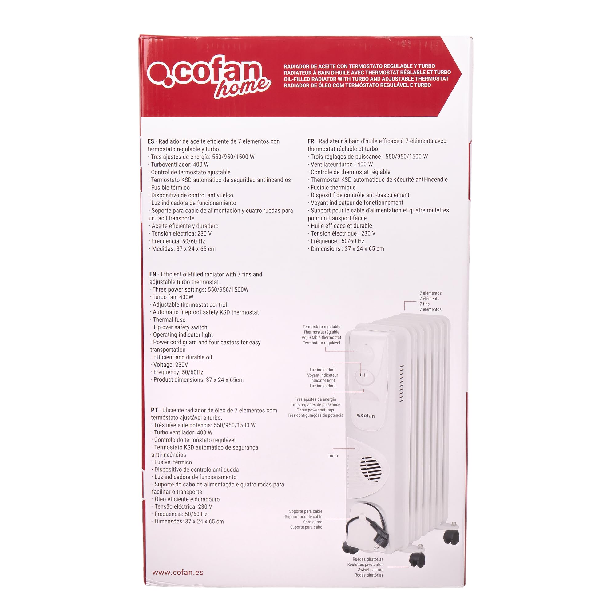 Cofan Radiador de aceite de 1500 W | 7 elementos | 3 niveles de potencia | Con termostato y ventilador | Protección antivuelco | 37 x 24 x 65 cm