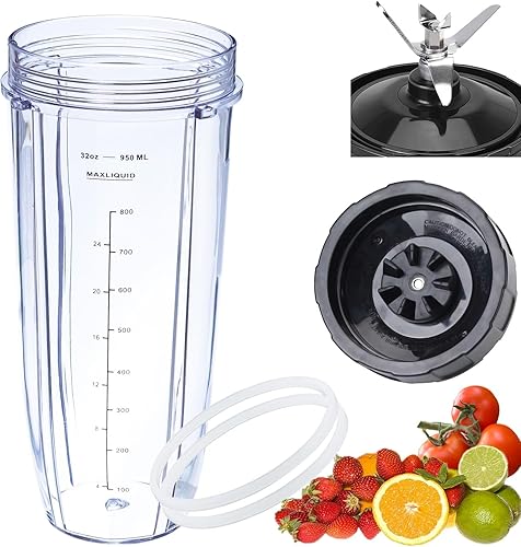 Nuevo modelo Cuchilla macho de repuesto de 7 aletas y vaso de licuadora de 32 onzas compatible con Nutri Ninja Blender hoja de 7 aletas macho de 4