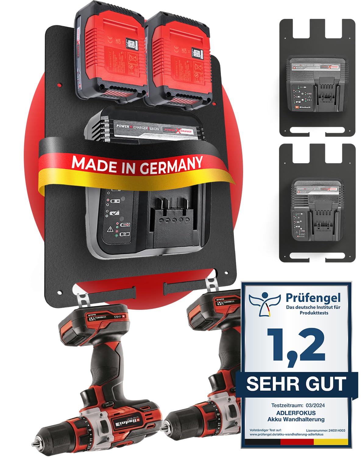 Adlerfokus Wandhalterung für Einhell Akkus & Ladegeräte [Made in Germany] Einhell Akkuhalter Wandhalterung mit Premium Montagematerial - Einhell Akku Wandhalterung 18V - Einhell Akku Halterung Wand