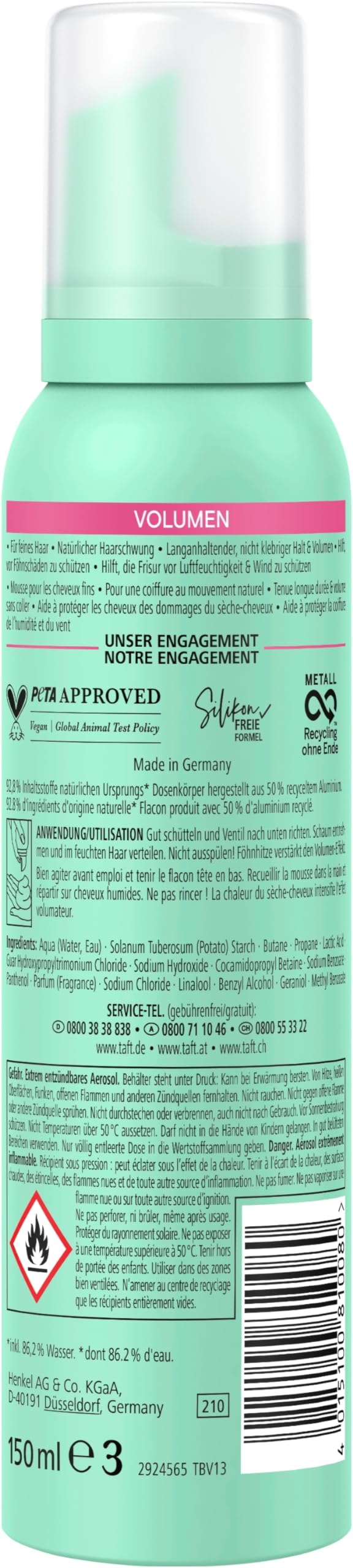 Schwarzkopf Taft Schaumfestiger Volumen (6 x 150ml), Haltegrad 4, Haarschaum für feines Haar, volumengebendes Mousse, verhindert Föhnschäden, ohne zu verkleben, vegane Formel*