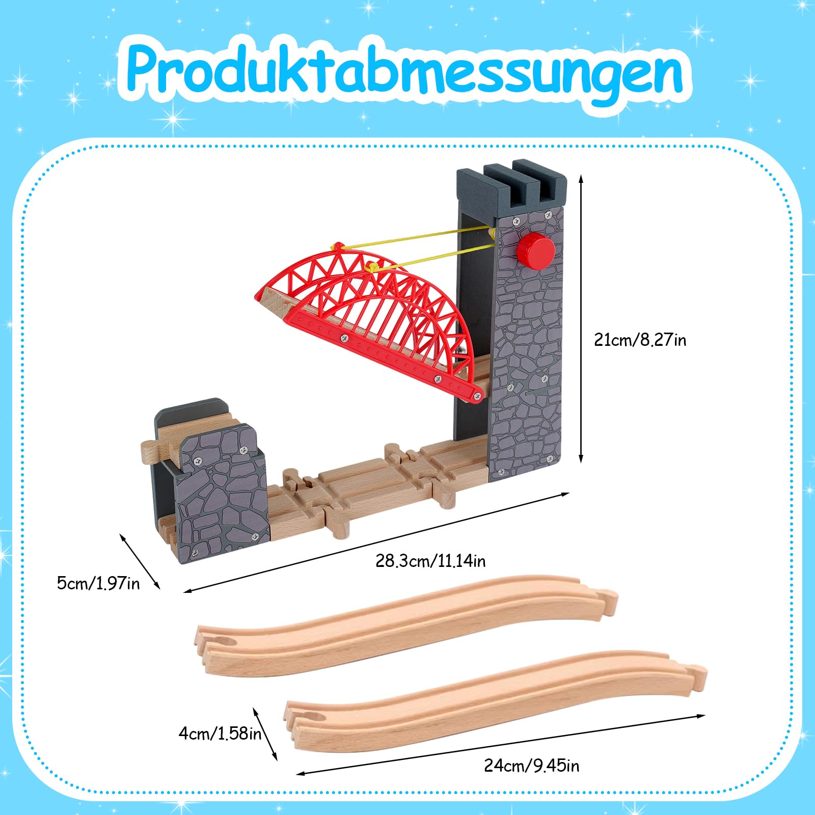 Hebebrücke für Holzeisenbahn, kompatibel mit Allen gängigen Holzeisenbahn-Systemen, Holzschienen-Zubehör, für Kinder ab 3 Jahren