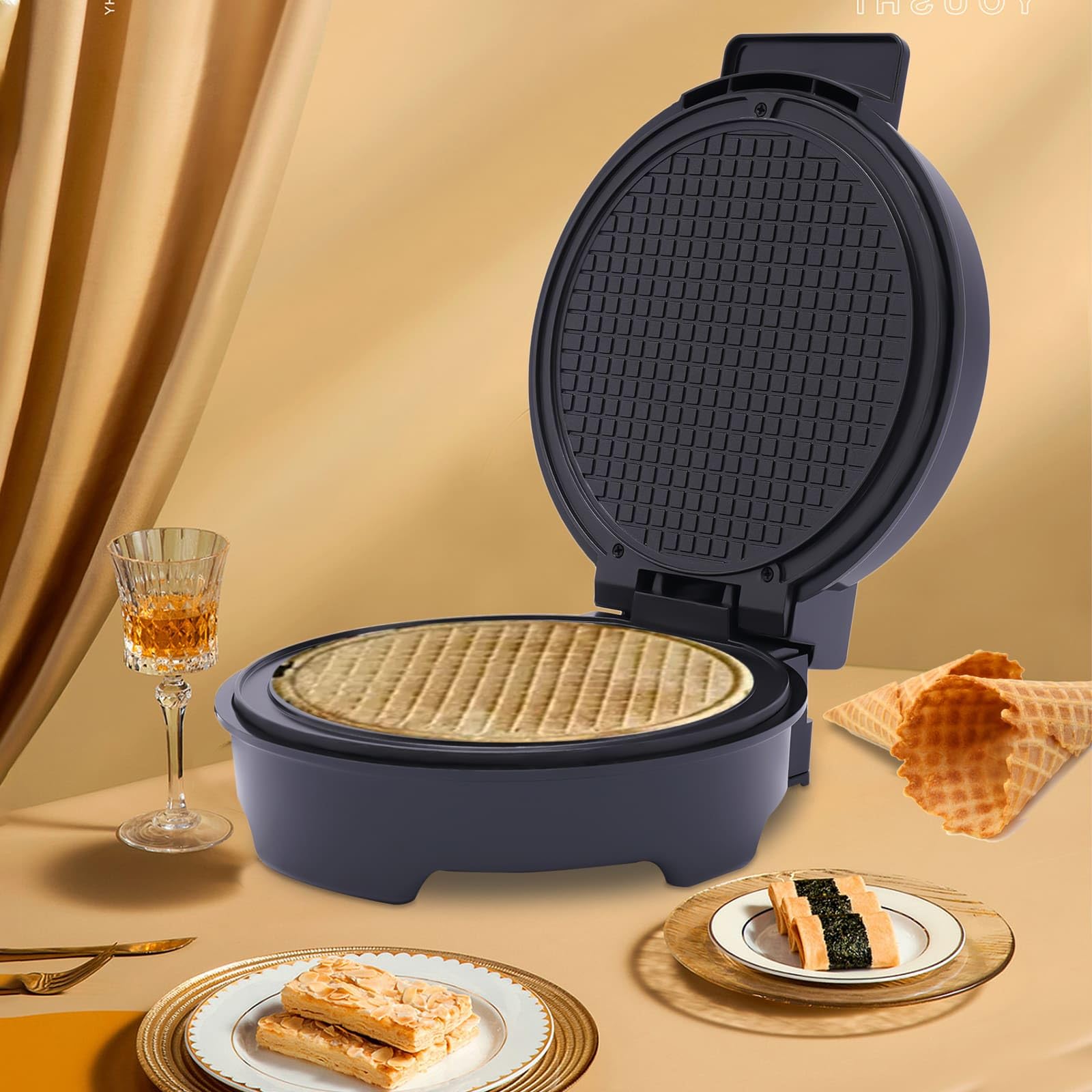Gofrownica z rożkami lodowymi 1200 W, maszyna do stożków lodowych z powłoką nieprzywierającą, regulowana temperatura 150-200℃, płyta kuchenna 20 cm Ø