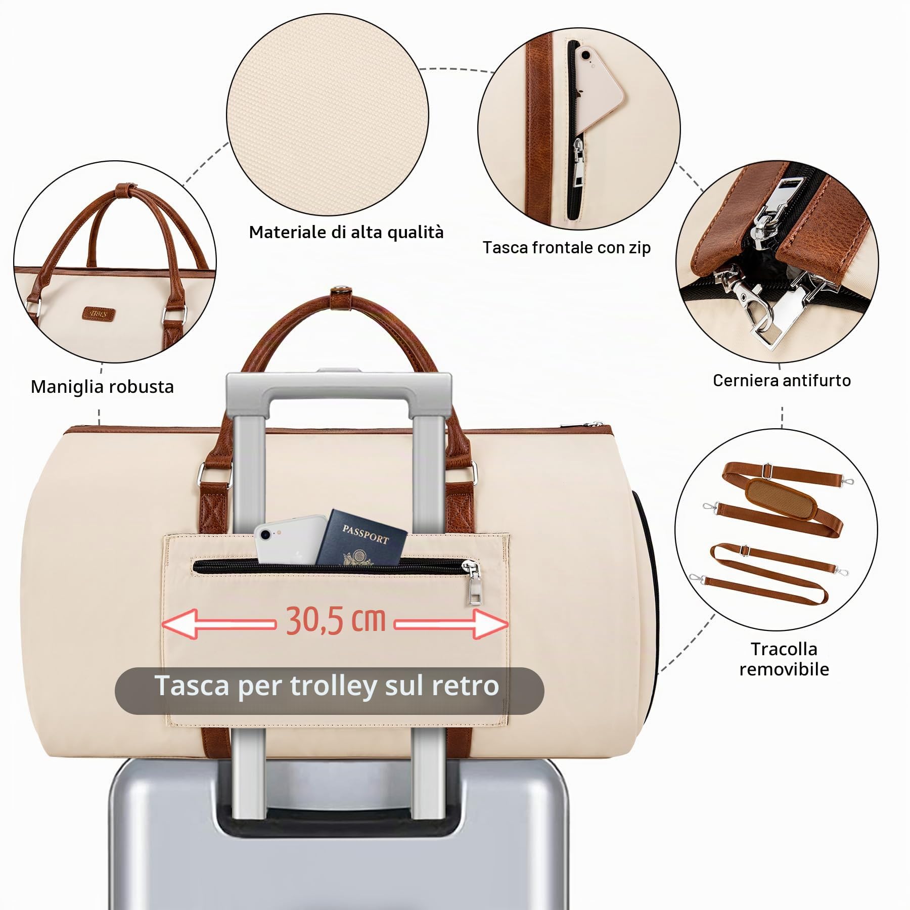 Borsone convertibile per indumenti da viaggio, borse porta abiti con borsa da toilette grande borsa da weekend per donne e uomini 2 in 1 da appendere valigia da viaggio borsone da viaggio borse da