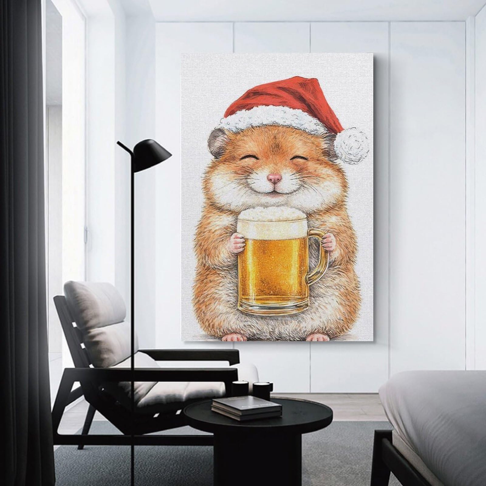 Junmoney Hamster in Santa Hat with Beer Canvas Wall Decor 20x30inch(50x75cm), for Study, Office Or Focused Interiors, Wall Art That Adds Style to Work Areas
