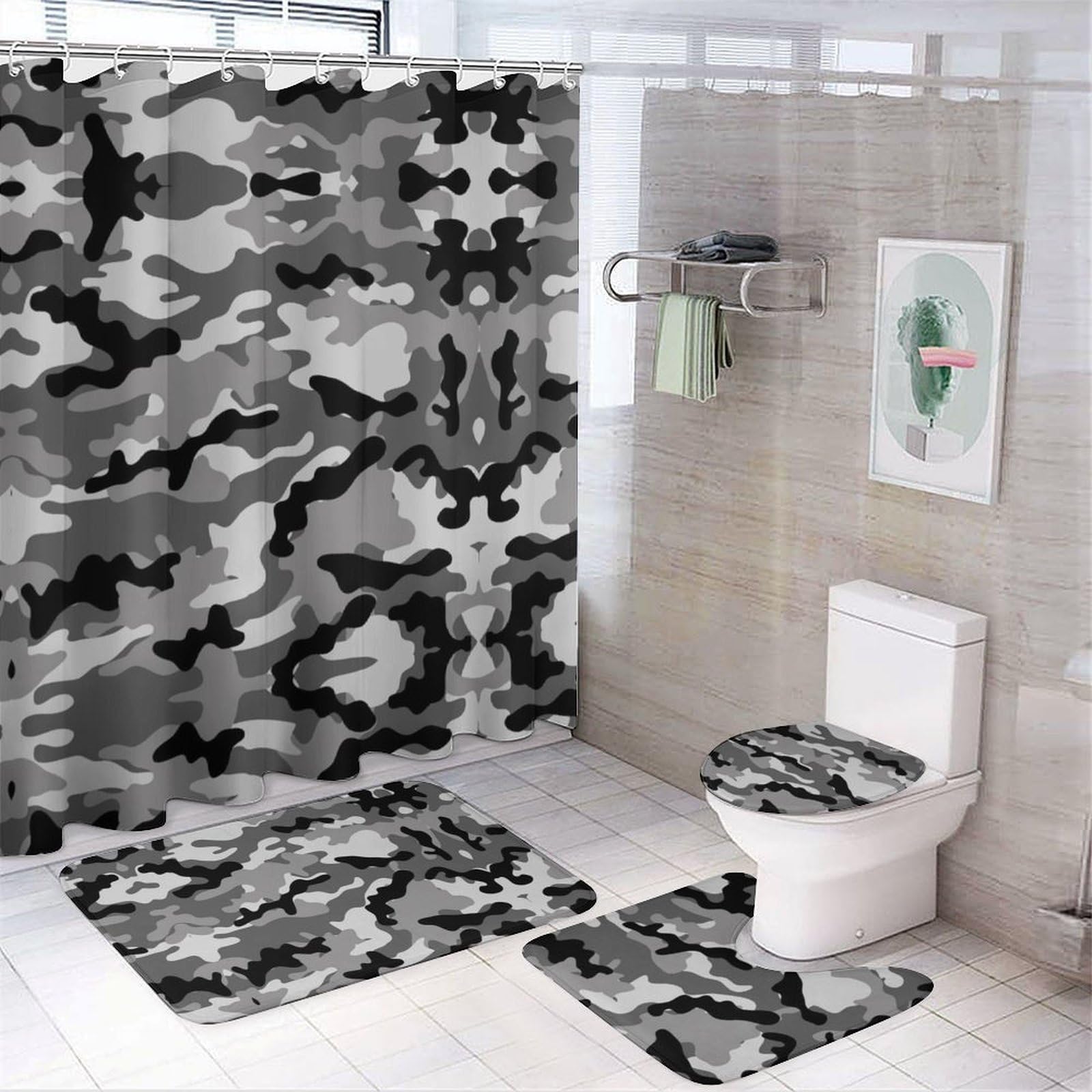 JZemdybill Bathroom Mat Set 4 Piece, Grey Camouflage Shower Curtain with Non-Slip Bath Mats for Bathroom