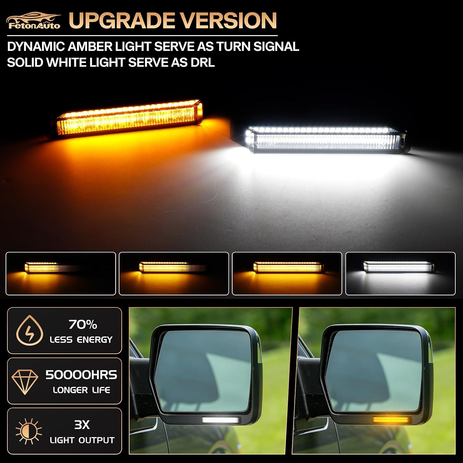 Sequential Switchback LED Side Mirror Turn Signals Running Lights for Ford F150 Raptor Lincoln Mark LT, Smoked Lens Dynamic Amber Blinker White DRL