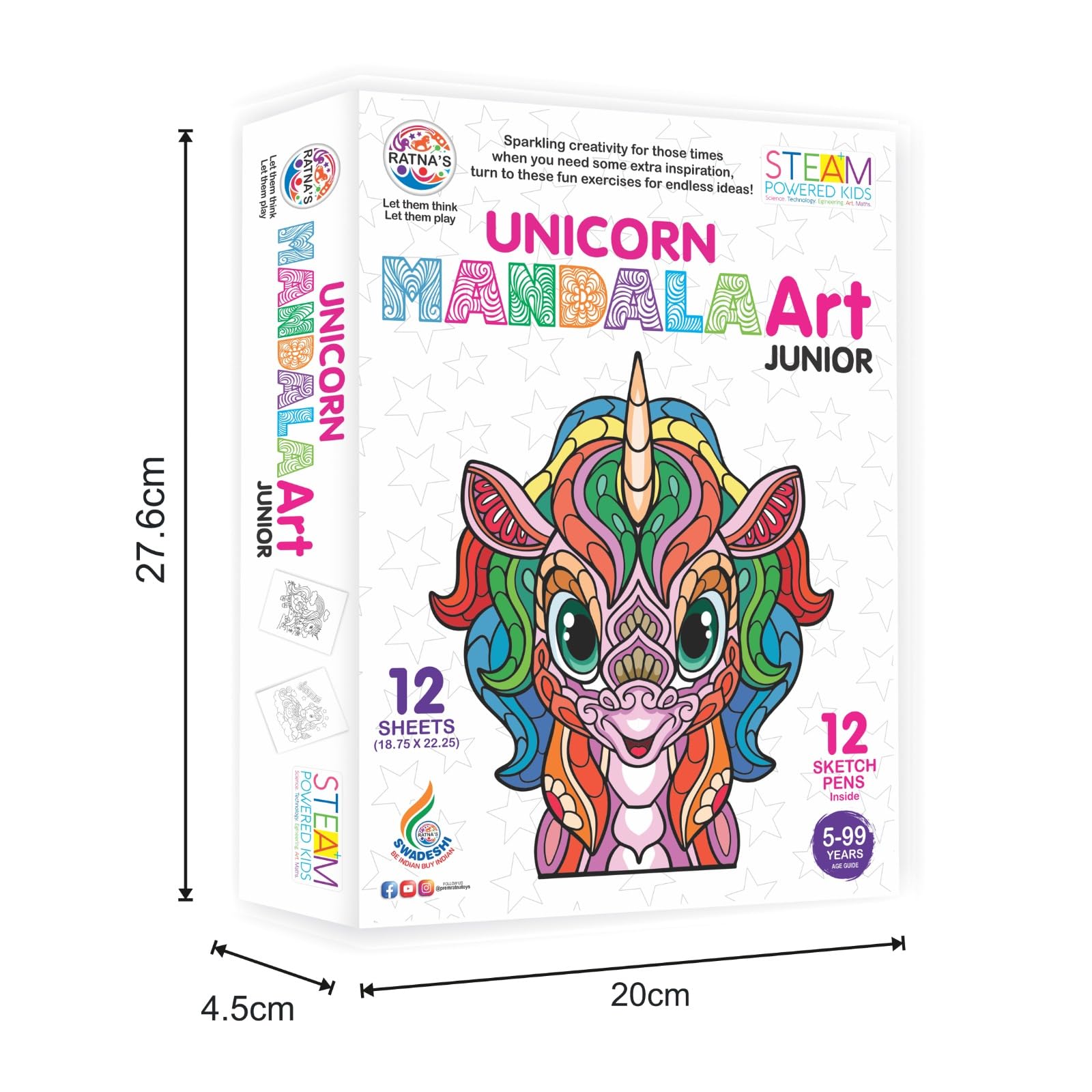Ratna's Mandala Art Unicorn Junior Colouring Kit - 12 Sheets with 12 Sketch Pens Inside - Creative Coloring Fun for Kids & All Ages 3