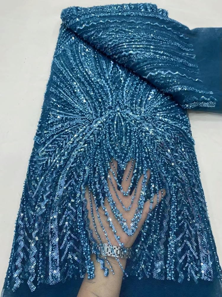 Tela de Encaje Africano con Lentejuelas Bordadas y Cuentas para Novias y Bodas