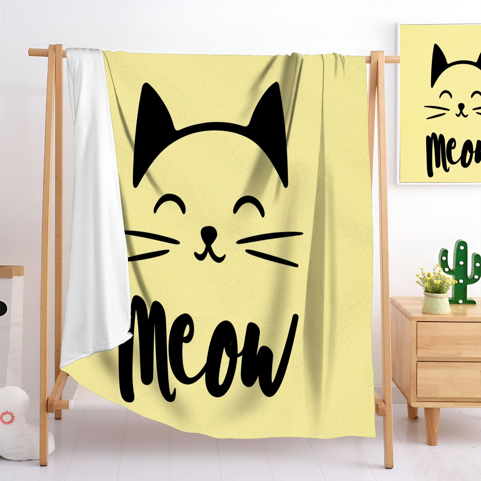 Manta Lindo Dibujo Animado, Manta con Estampado Gato Palabra Suave y cómodo, Toda La Temporada Ligera Amarillo Mantas para sofá, para Cama Sofá decoración de Habit 220x240 cm