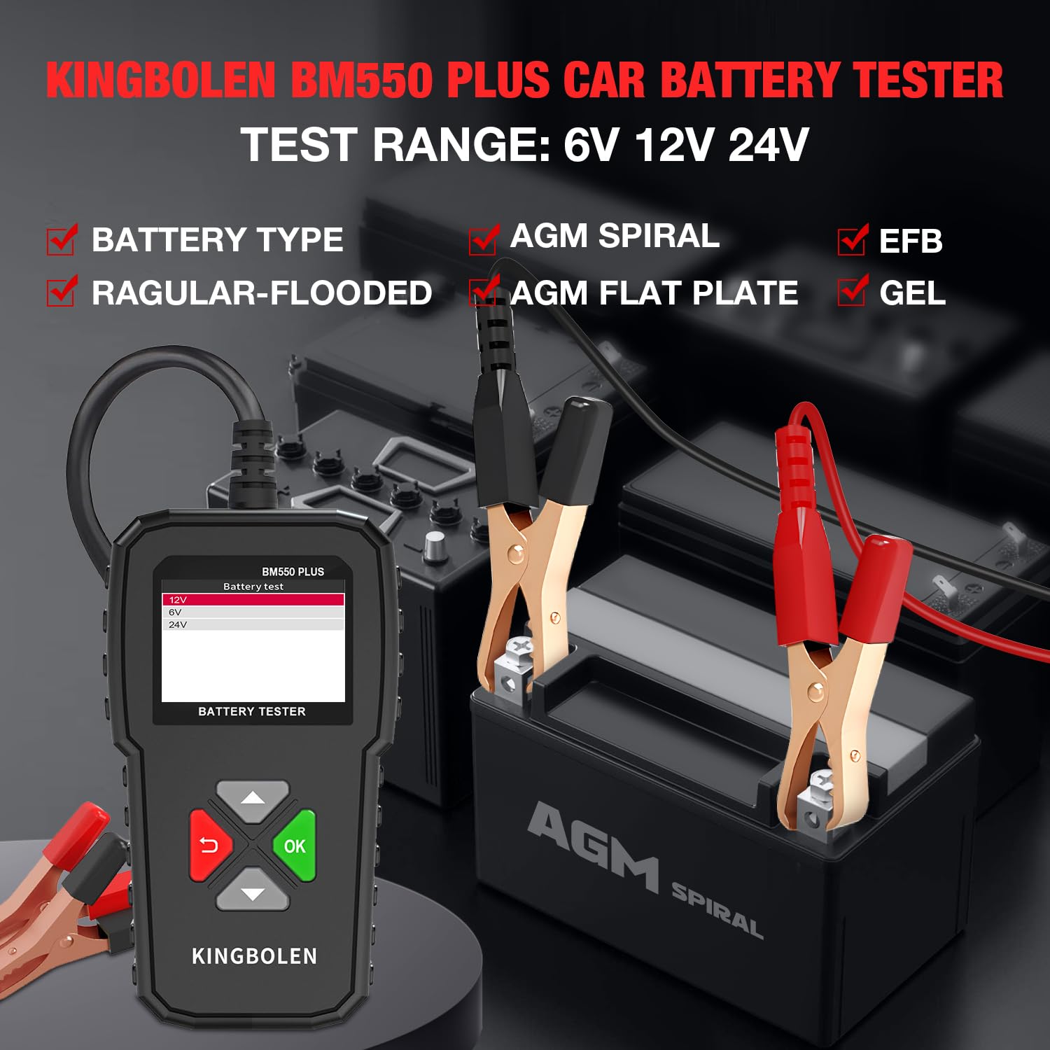 KINGBOLEN Comprobador de baterias de coche 24V/12V/6V, BM550 PLUS 2-220Ah 100-2000 CCA Pantalla LED arrancador baterias coches comprobador de pilas para coche apto para automóviles motocicleta ATV SUV