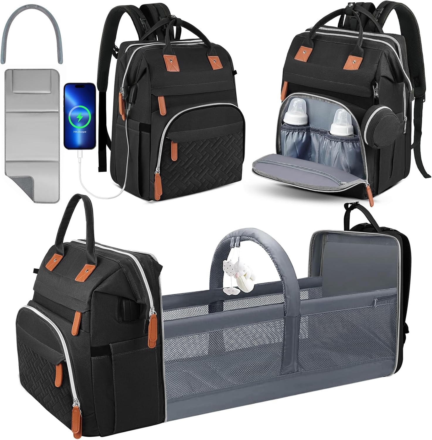 Diaper Bag Backpack for New Parents, Large Capacity Baby Travel Bag with Bottle Holders, Multiple Compartments (Black)