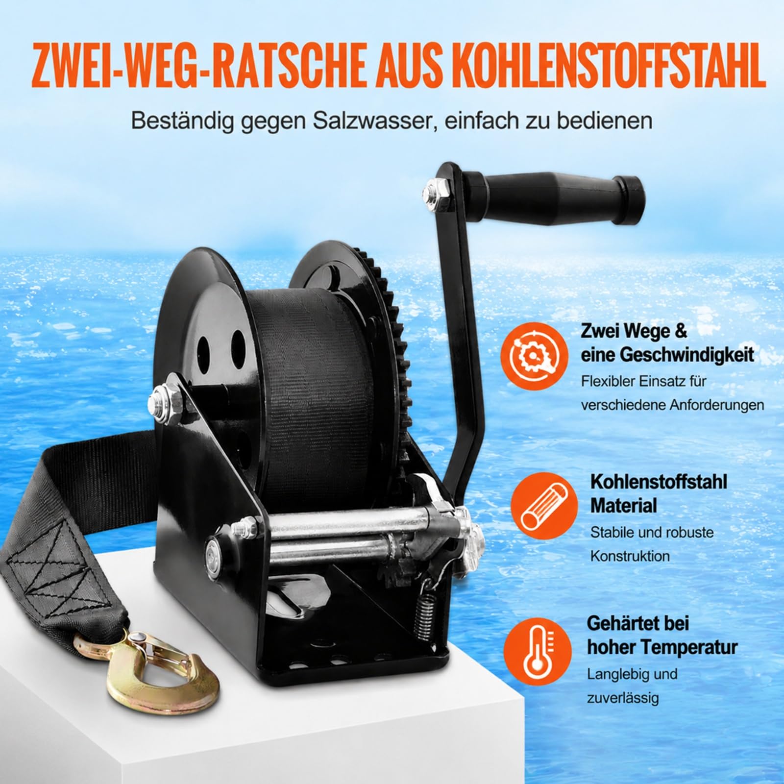 Manuelle Seilwinde 725,7 kg mit Kurbel, Polyesterband und bidirektionaler Ratsche für Fahrzeuge und Boote
