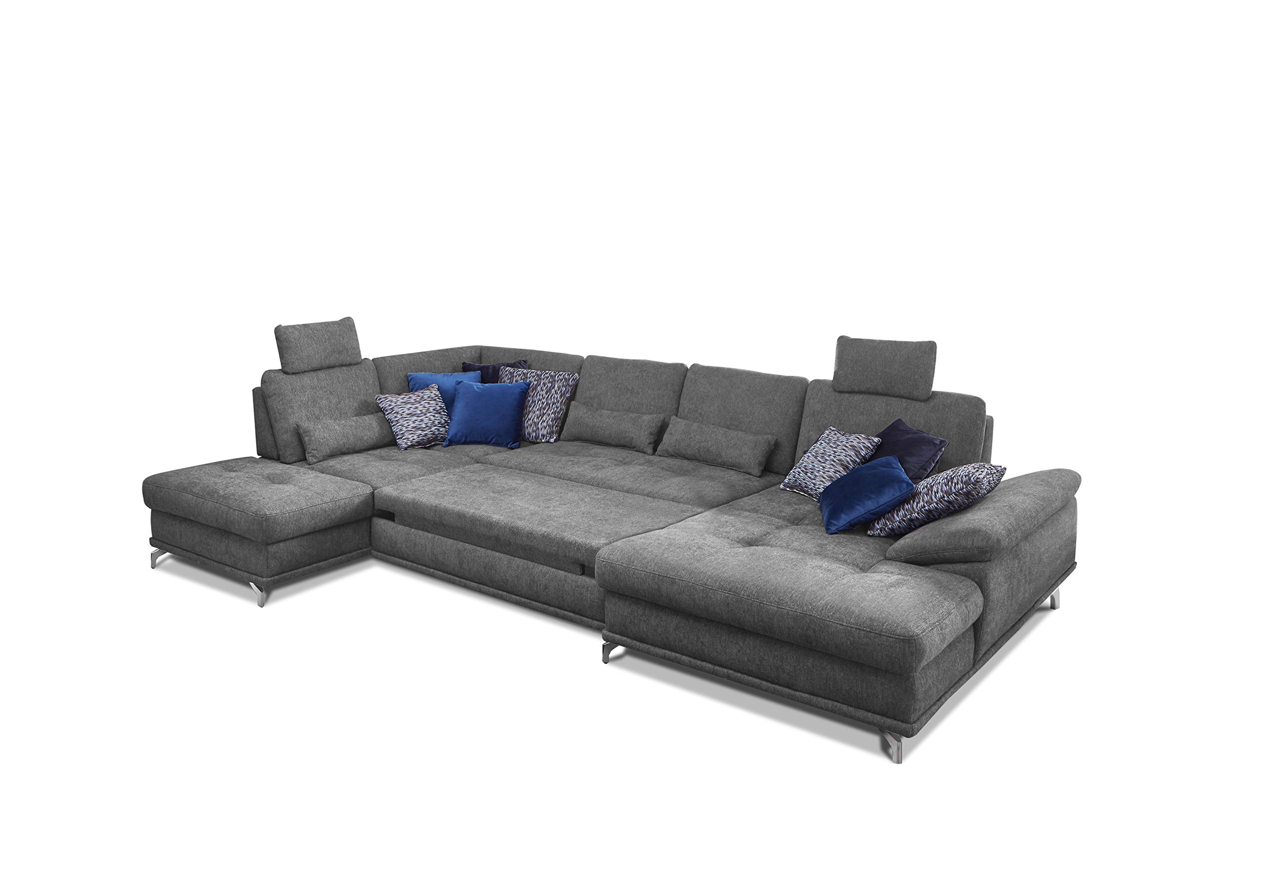 Cavadore Wohnlandschaft Castiel mit Federkern / Großes U-Form-Sofa mit Schlaffunktion, Bettkasten, Sitztiefenverstellung und Kopfstützen / 368 x 114 x 232 / Webstoff, Grau