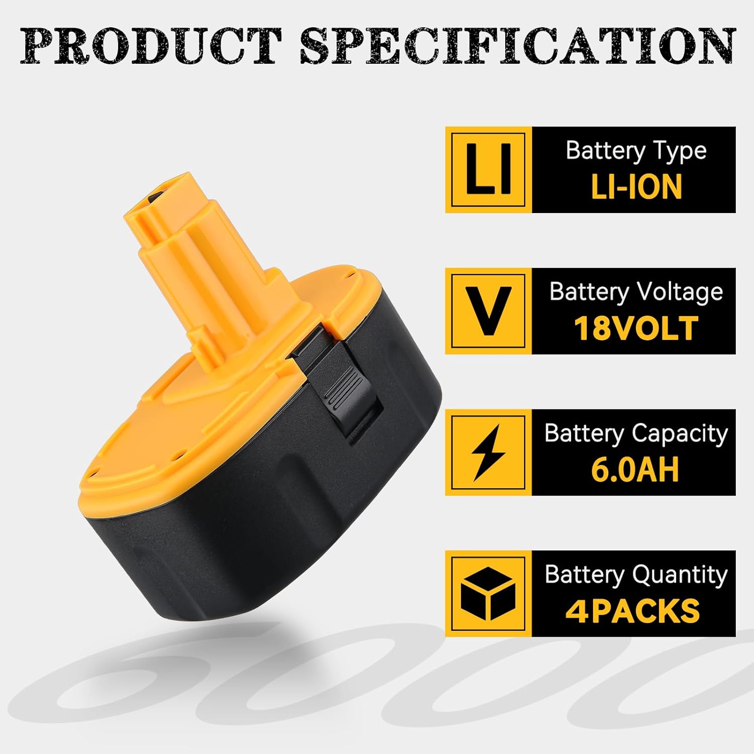 4Pack DC9096 6.0Ah 18V Replacement for DeWalt 18V Battery Compatible wit DeWalt DE9096 DC9098 DE9098 DE9098 DW9096 DW9095 Cordless Power Tools