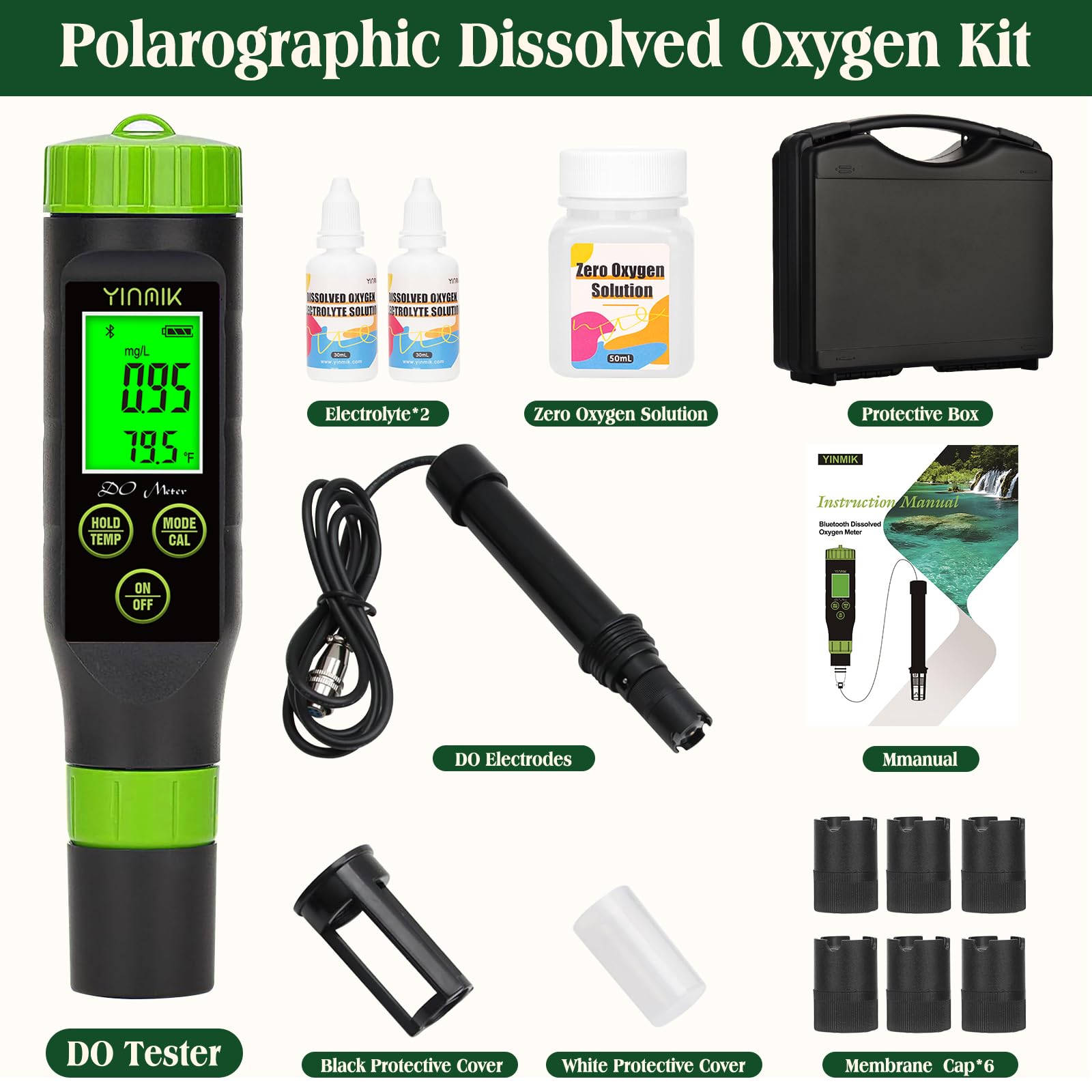 YINMIK Medidor de Oxígeno Disuelto Portátil Para Estanque, Kit de Prueba Digital de Oxígeno Disuelto Para Pecera, Analizador de Oxígeno Con Sonda de 3 m Para Acuario de Estanque Koi, Acuaponia