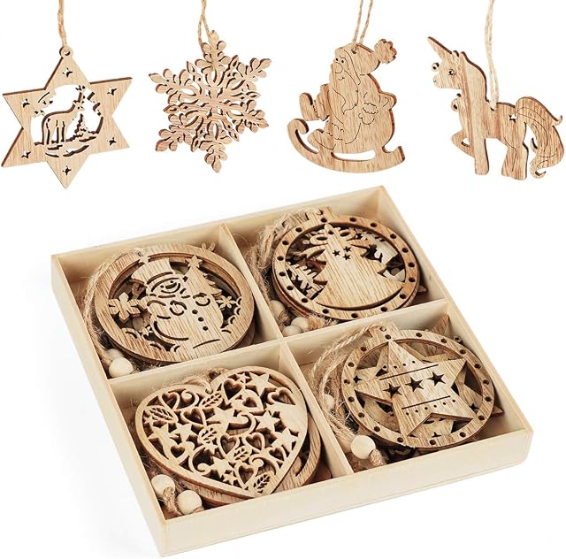 ilauke 12 Pcs Mixed Predrilled Wooden Shapes Embellishments (Santa Claus, Unicorn, Snowflake, Angel, Heart) in Wooden Storage Box for Party Christmas Crafts Decorations