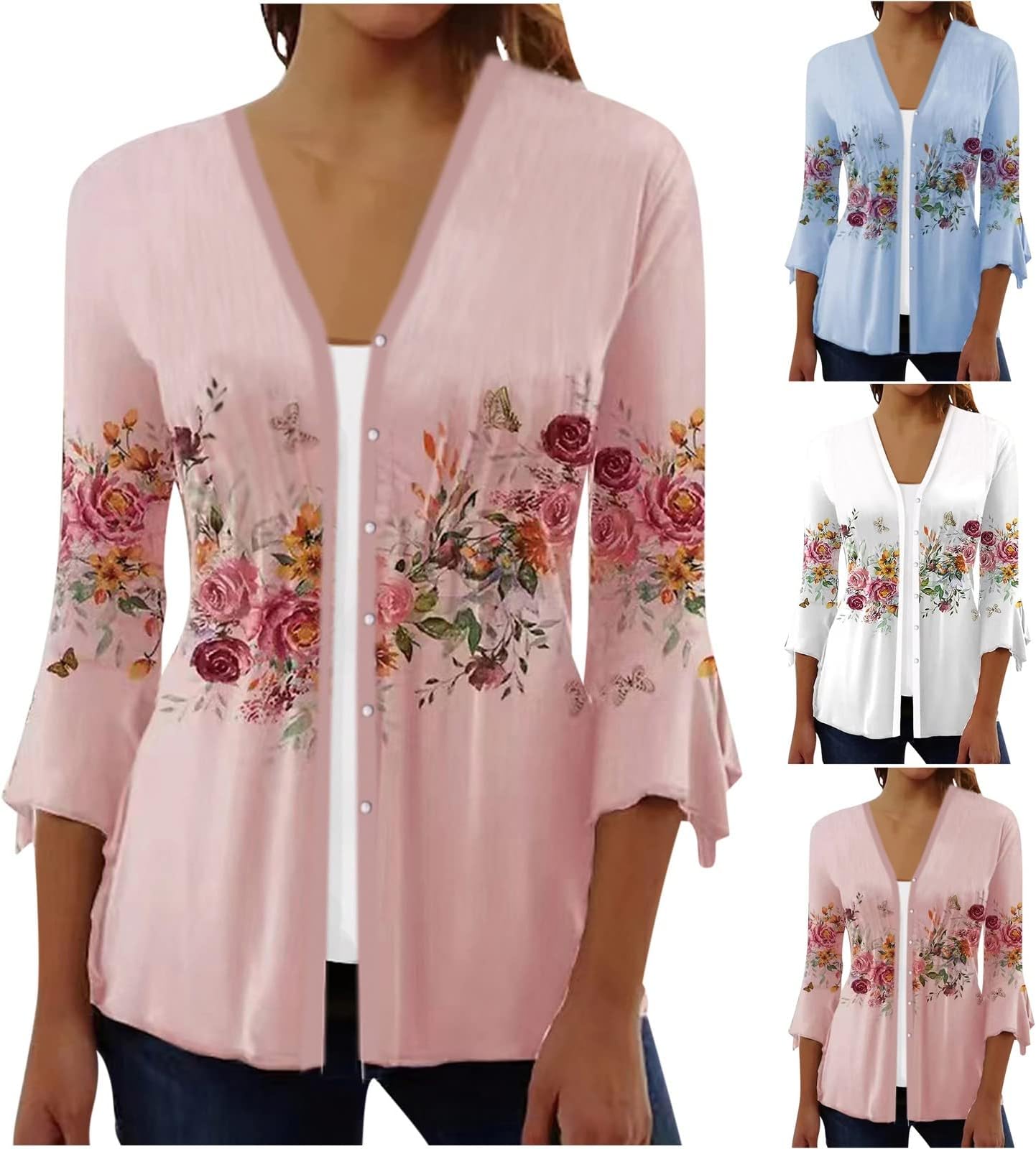FunAloeCardigans for Women UK 3/4 Sleeve Cardigan 2023 Long Summer Button Open Front Lightweight Kimono Longline Cardigans Casual Cover Up Tops Boho Daisy Floral Boyfriend Jackets