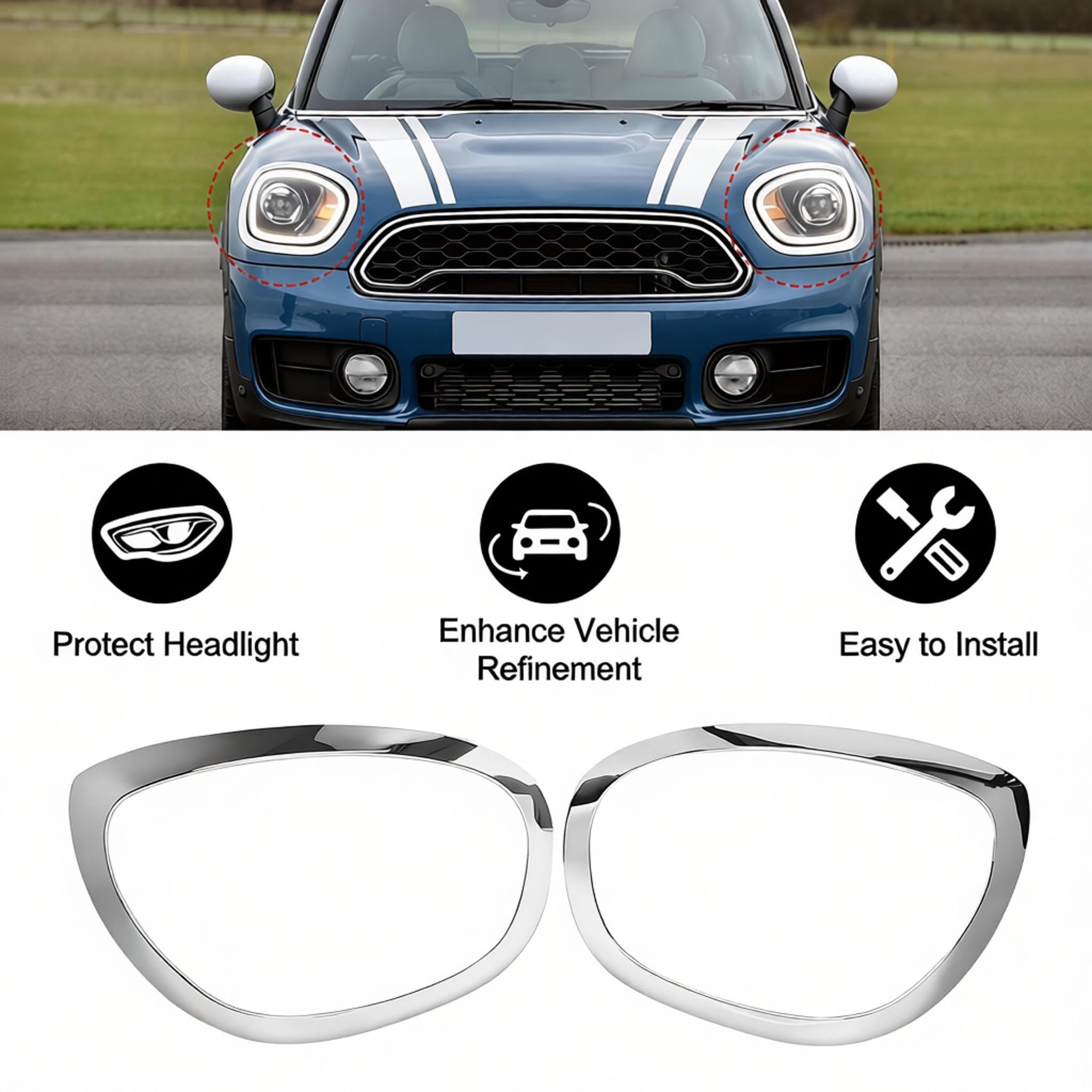 Anelli di Rivestimento per Fari Auto 2 pezzi per Fari Anteriori Decorativi Cromati 51137388117 51137388118 per Mini Cooper Countryman F60 F61 2017-2023