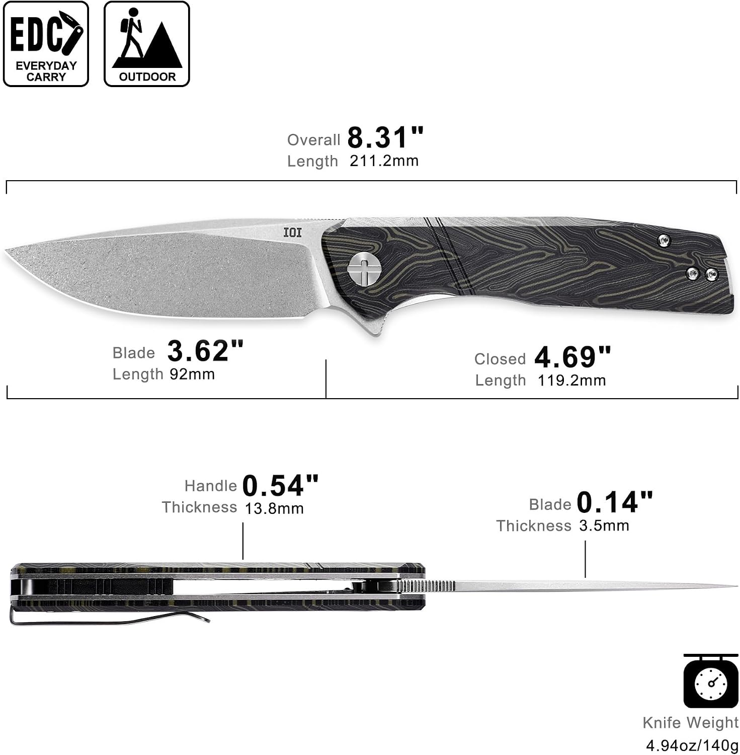 IOI Task Force I51884 Pocket Knife for Men – 14C28N Stonewashed Folding Blade, Green Gmascus G10 Handle, EDC Folding Knife with Clip, Enhanced with Custom Left-Side Clip for Camping & Everyday Carry
