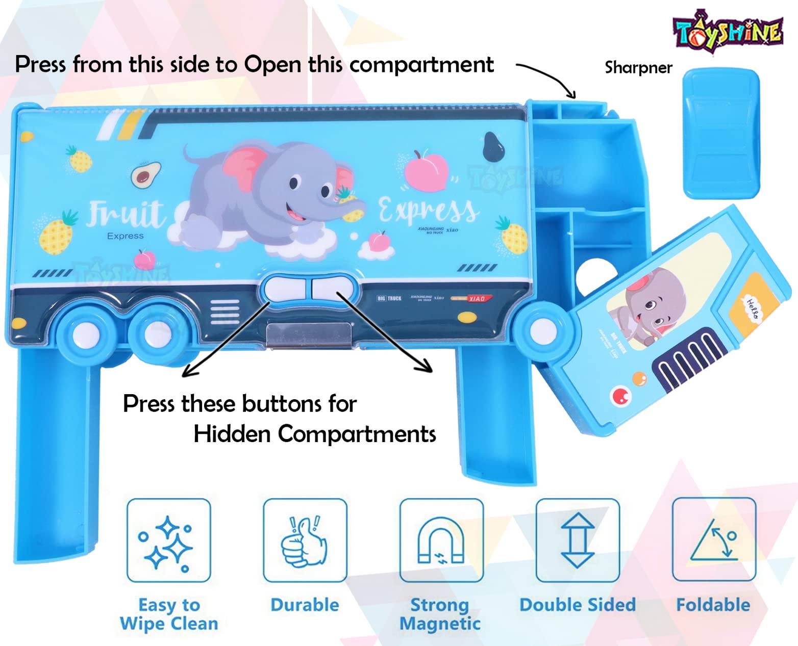 Toyshine Double Compartment Bus Pencil Box with MovNluing Tyres, Button Enabled Storages and Sharpner for Kids - Blue