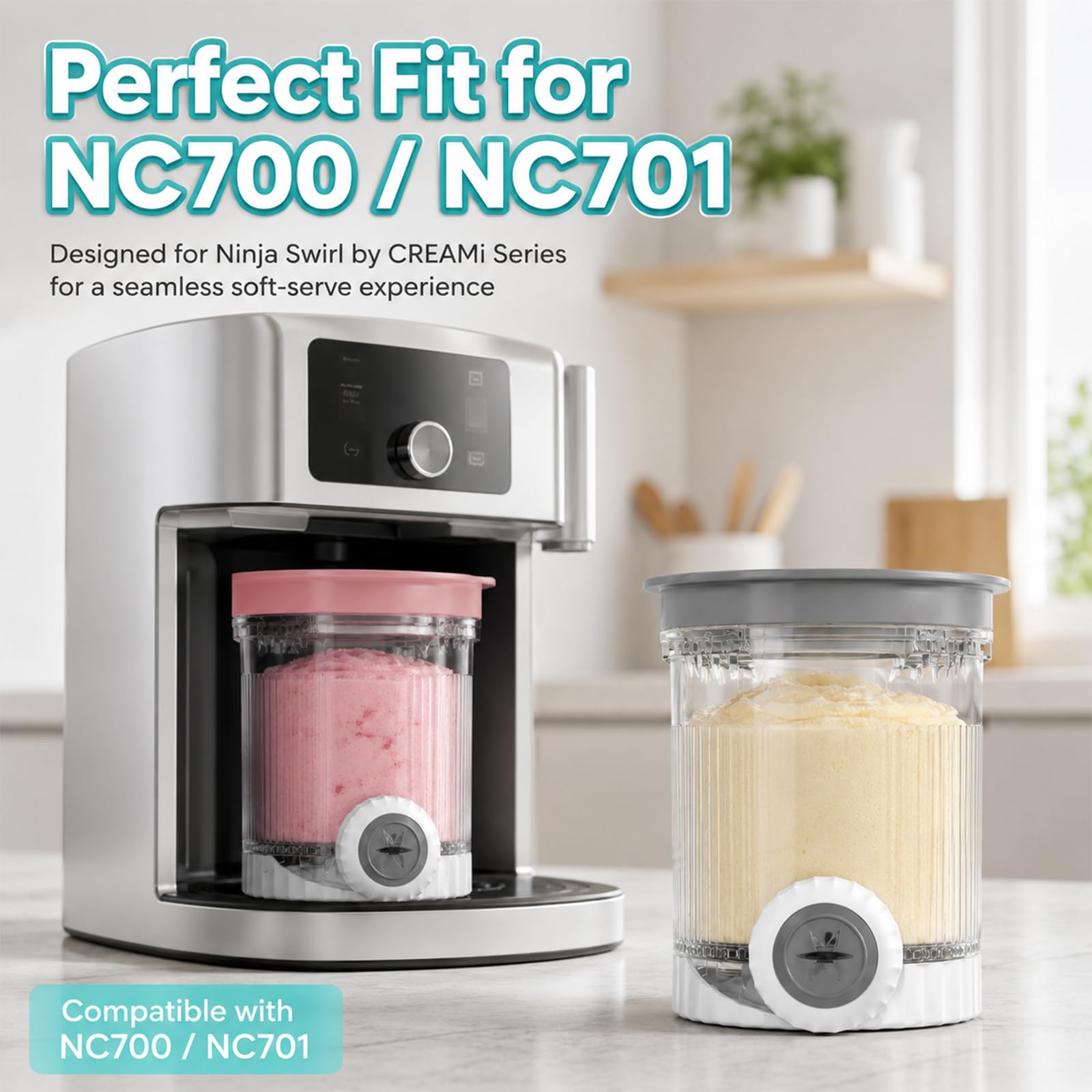 Juego de 4 recipientes compatibles con Ninja Swirl by CREAMi NC700 NC701 Serie, 473 ml, Recipiente para Hielo con Tapas de Colores y boquillas para máquina de Hielo, Vasos de Repuesto sin