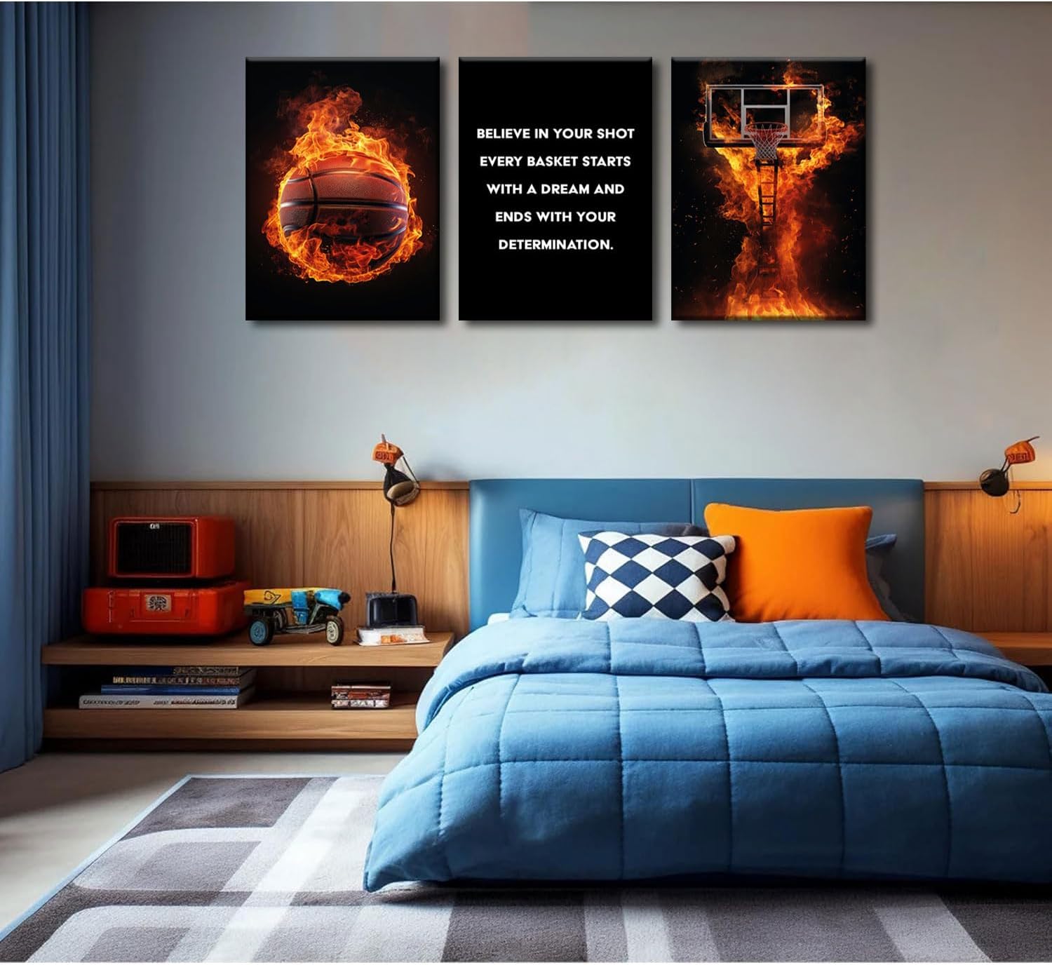 3Pcs Basketball Canvas Wall Art Basketball Court Black Wall Decor Picture flame Basketball Inspirational Quotes Poster Print Artwork for Gym Teen Boys Room Decortion 12x16in Framed