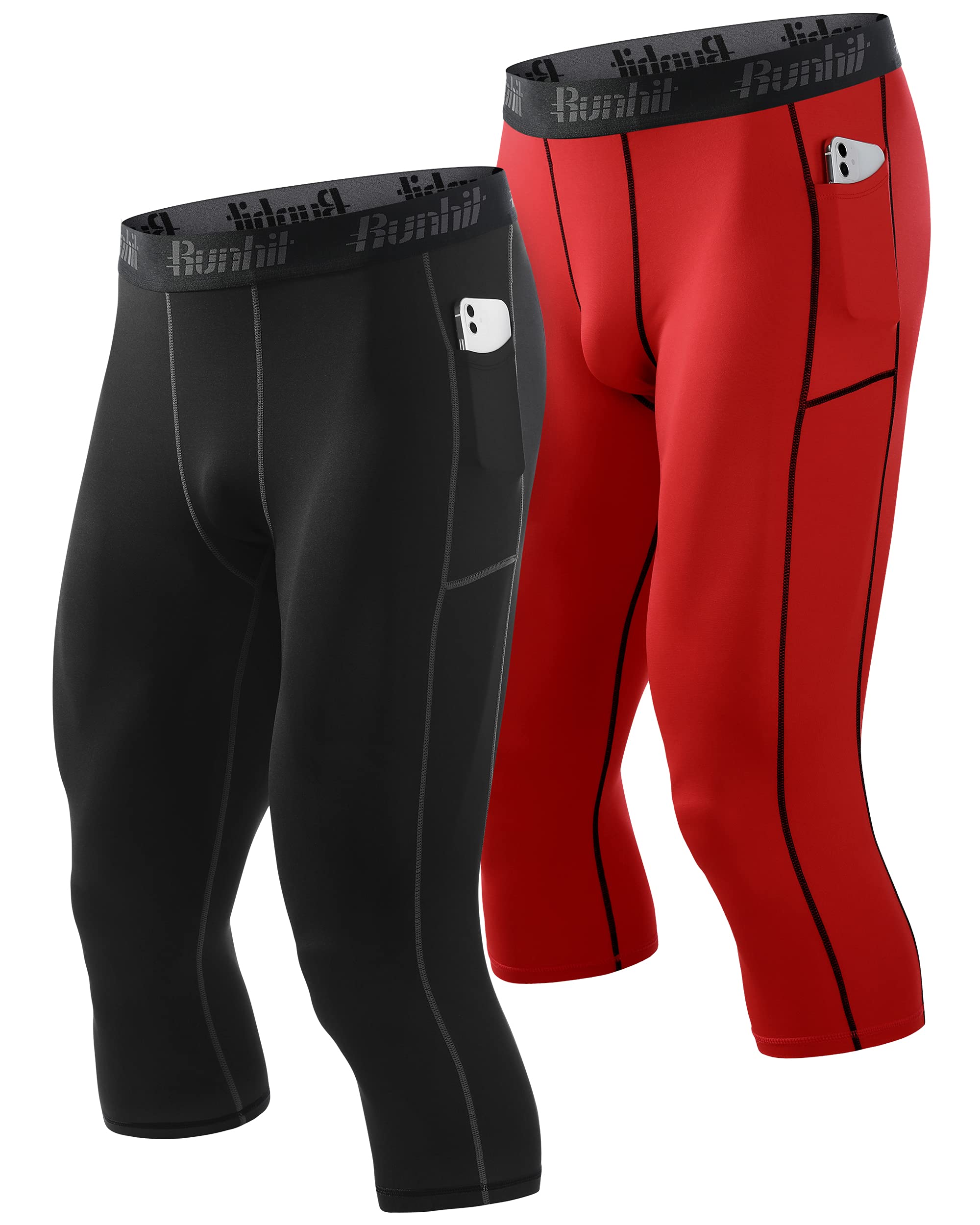 Runhit Męskie spodnie kompresyjne 3/4 z kieszeniami, sportowe legginsy sportowe, bielizna, 2 sztuki: czarny i czerwony, XL